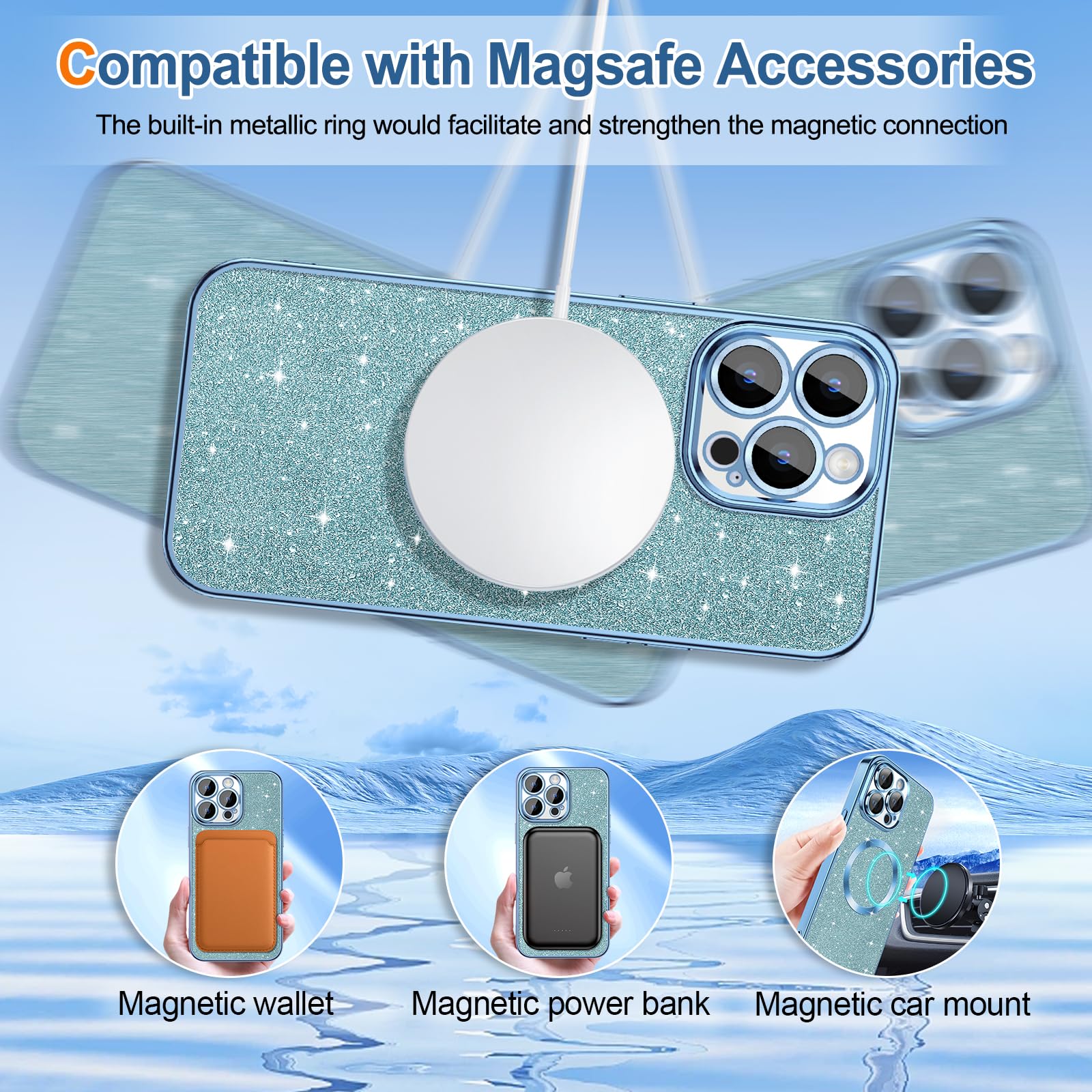 Hython For Iphone 13 Pro Case Glitter, Clear Magnetic Phone Case With Camera Lens Protector [Compatible With Magsafe] Bling Spar