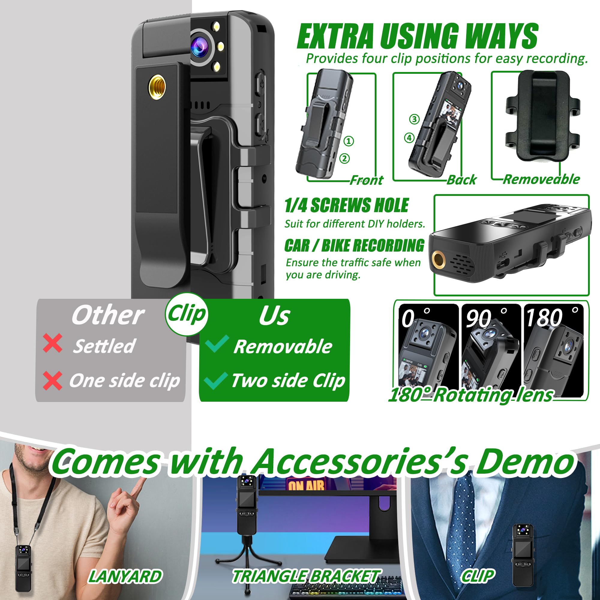 Body Camera With Audio And Video Recording, Hd 1080P Body Cam With 180� Rotating Lens, 6Hr Battery, Ir Cut Auto Night Vision, 128Gb Body Worn Camcorder, For Personal Civilians, Police Law Enforcement
