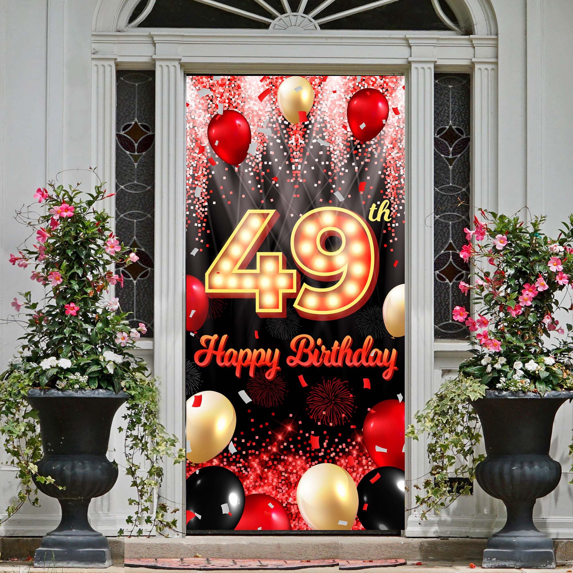 Happy 49Th Birthday Backdrop Banner Black And Red Theme Background With Neon Shiny Fashion Birthday Party Photo Photography Prop