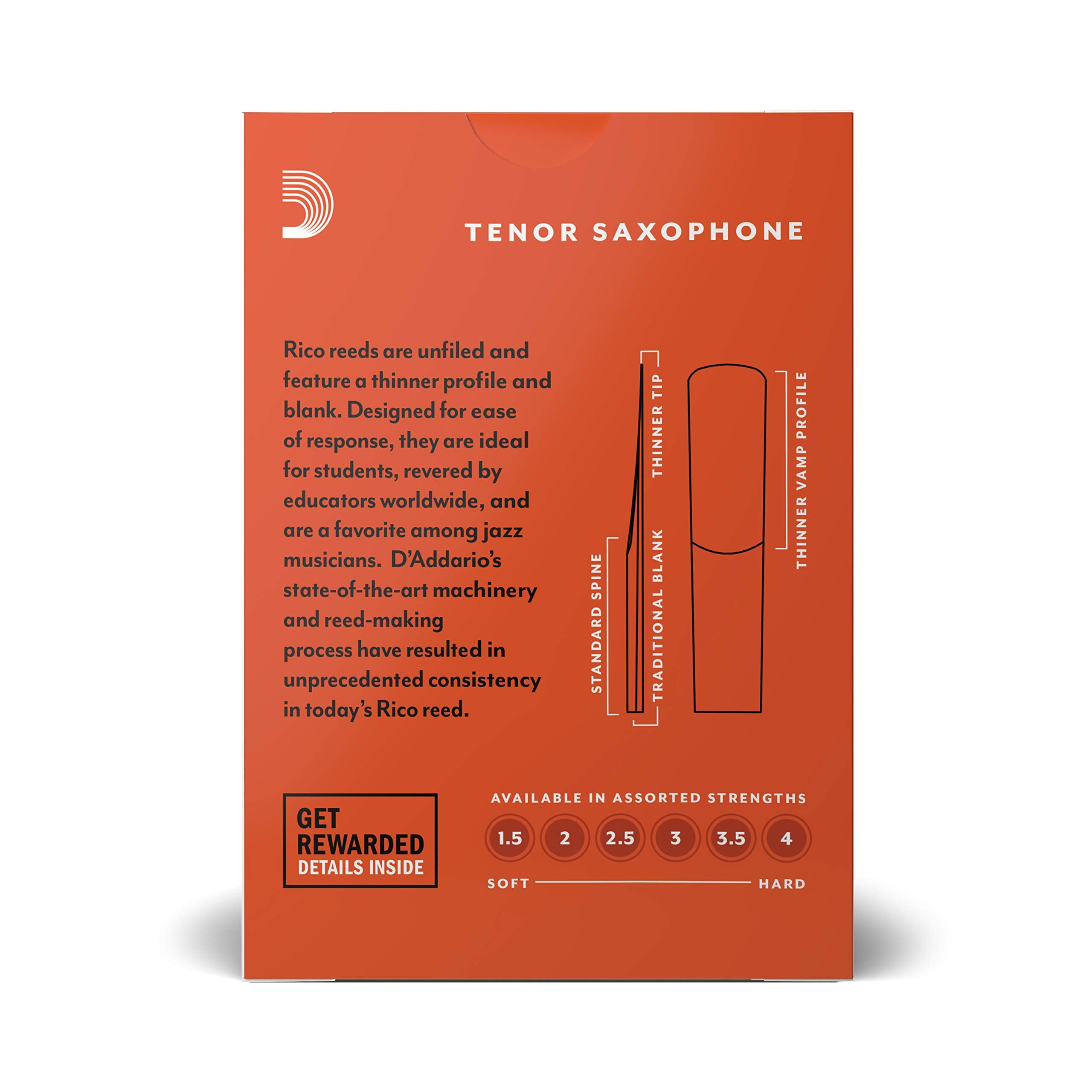 Rico Tenor Saxophone Reeds   Tenor Sax Reeds   Unfiled Cut, Thinner Vamp For Ease Of Play   Strength 1.5 10 Pack