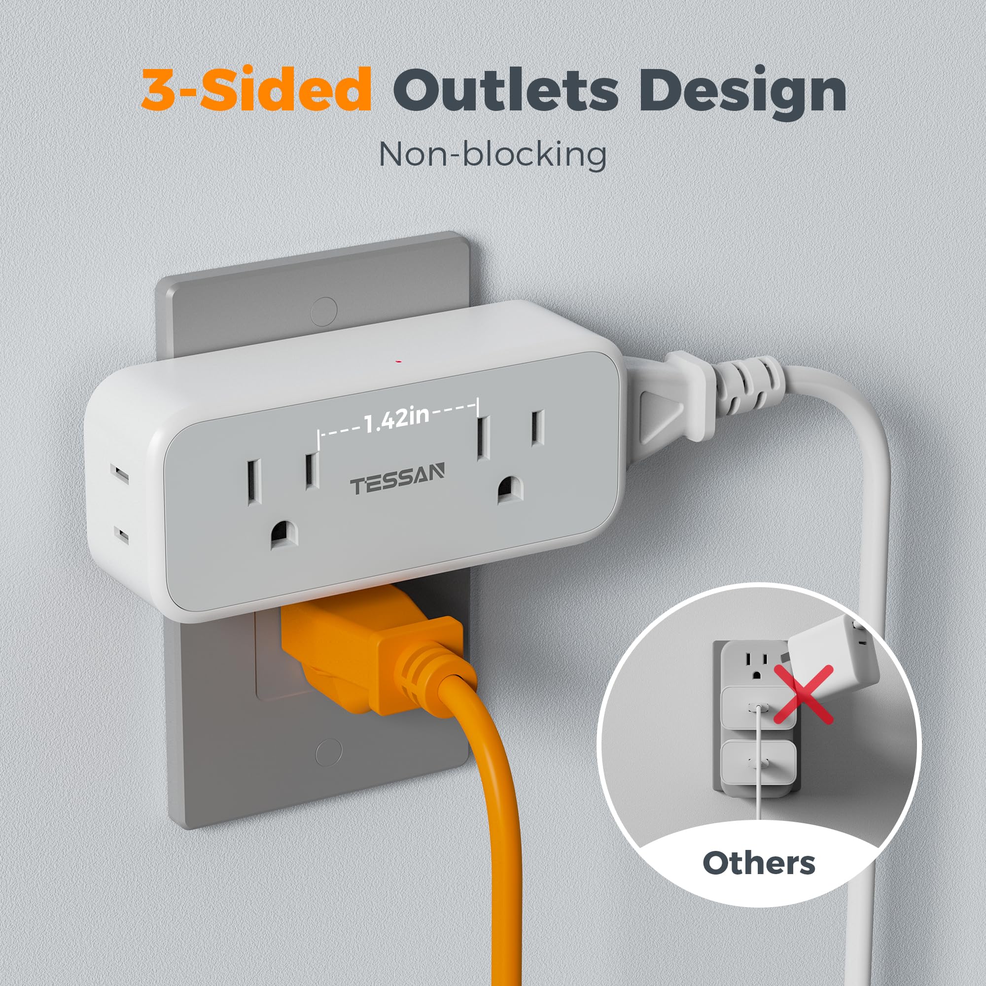 Outlet Extender Surge Protector, Tessan Multi Wall Plug With 4 Ac Electrical Outlets, 3 Sided Multiple Plug Expander, 1875W Max,