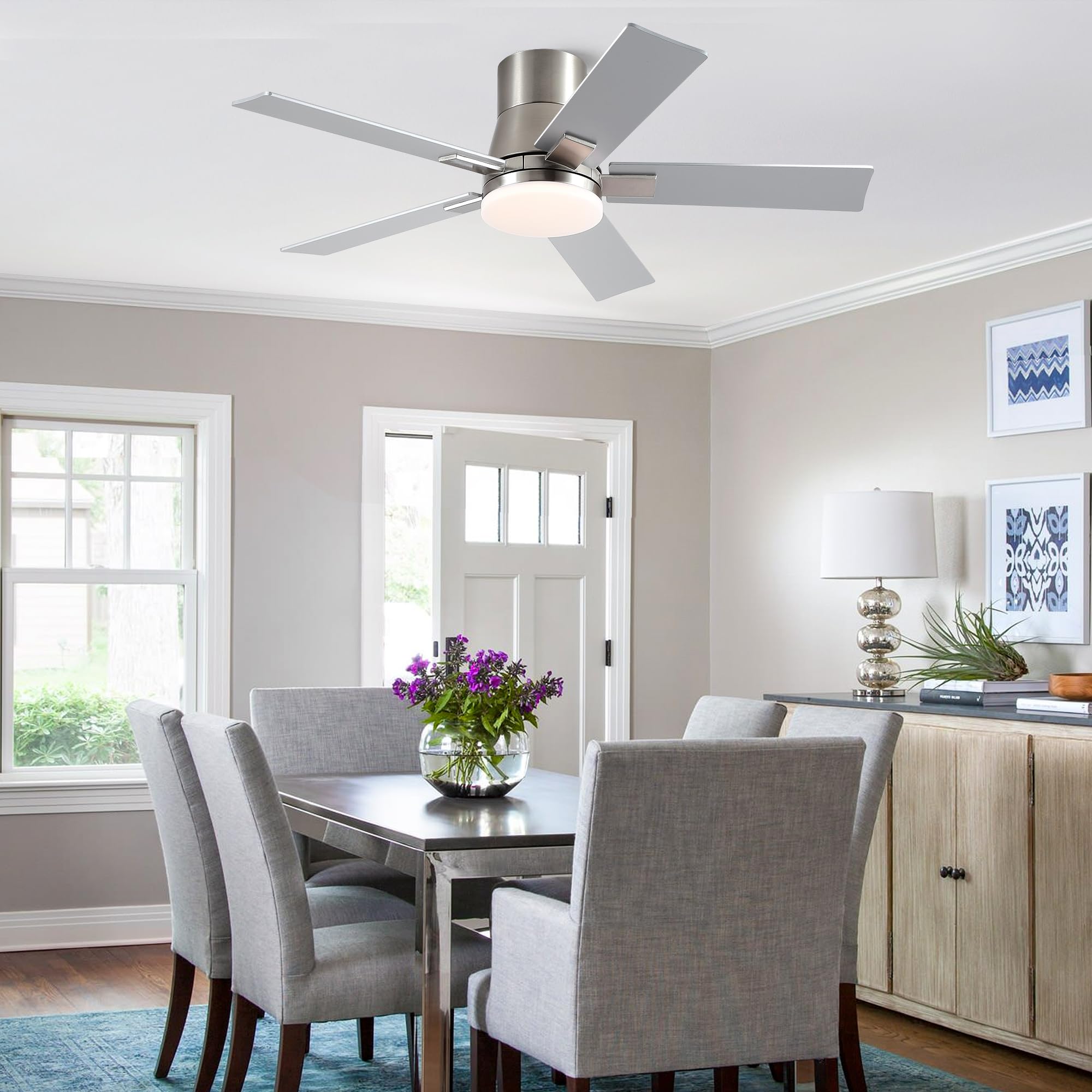 42 Inch Ceiling Fans With Lights And Remote,Flush Mount Silver Ceiling Fan With 5 Blades,6 Speed Reversible Dc Motor,3Cct Dimmab