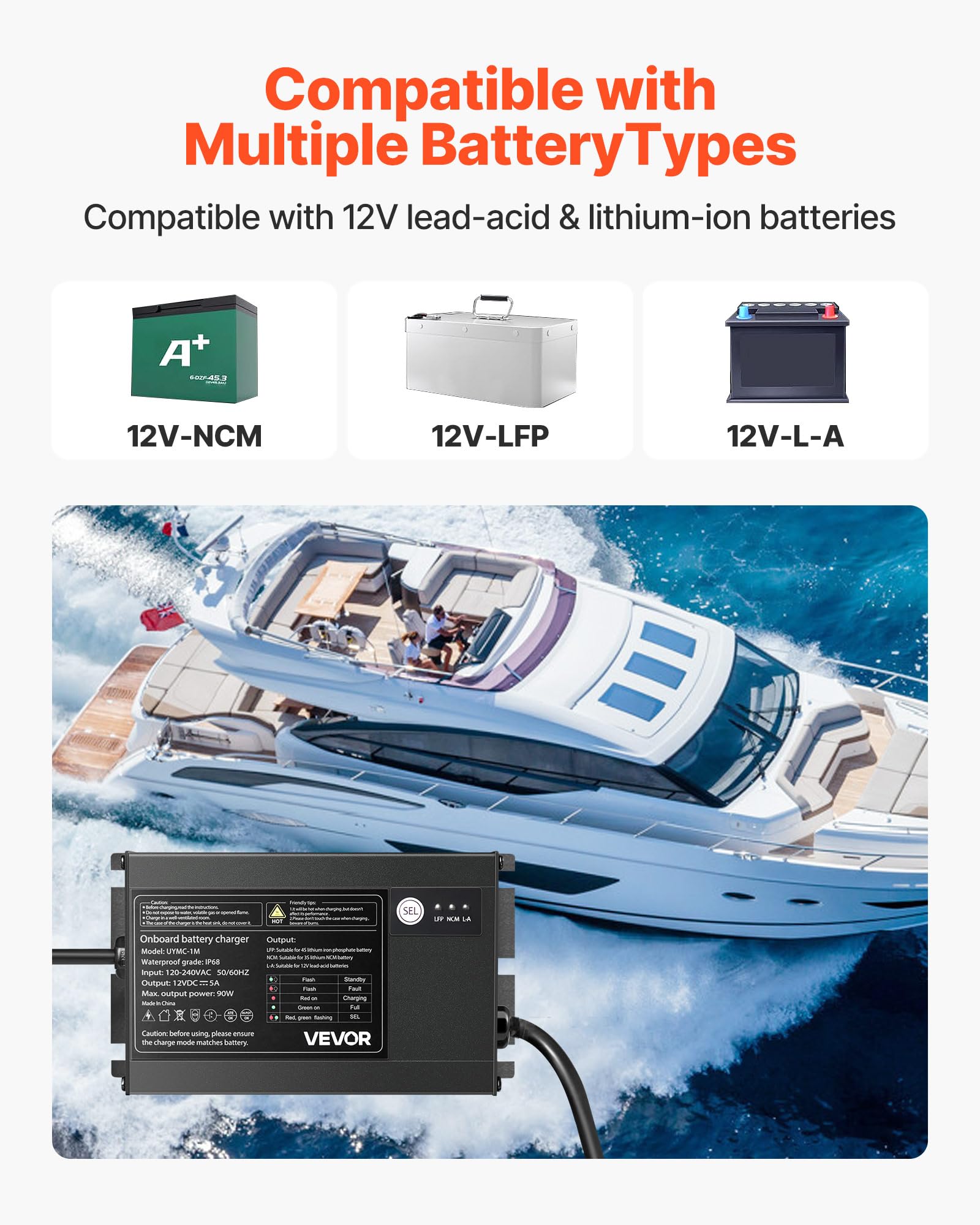 Vevor Marine Battery Charger, 1-Bank, 5A 12V Onboard Boat Charger, Ip68 Waterproof Smart On-Board Battery Charger, For Lithium-I