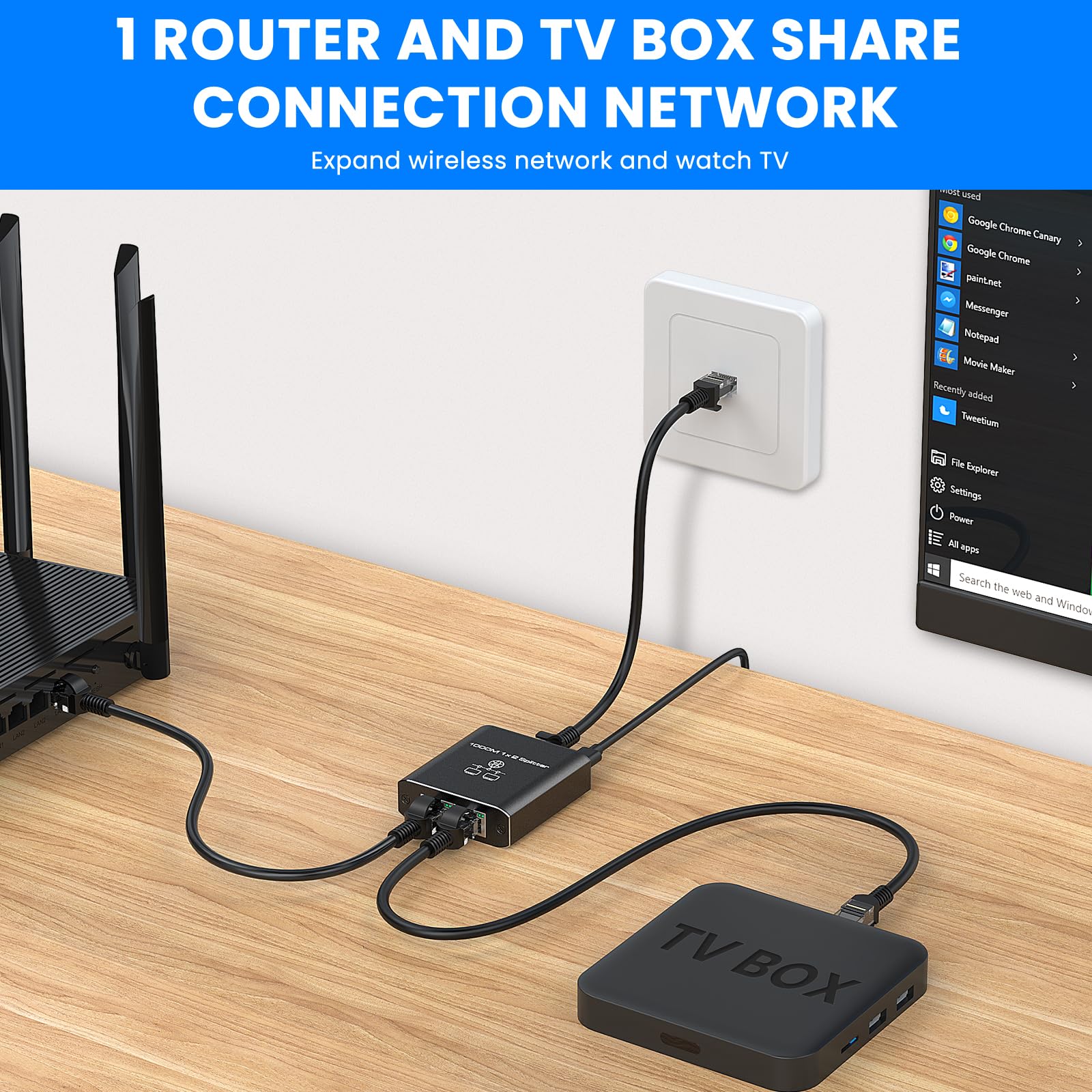 Gigabit Ethernet Splitter 1 To 2 High Speed 1000Mbps, Lan Network Splitter With Usb Power Cable, Gigabit Rj45 Internet Ethernet
