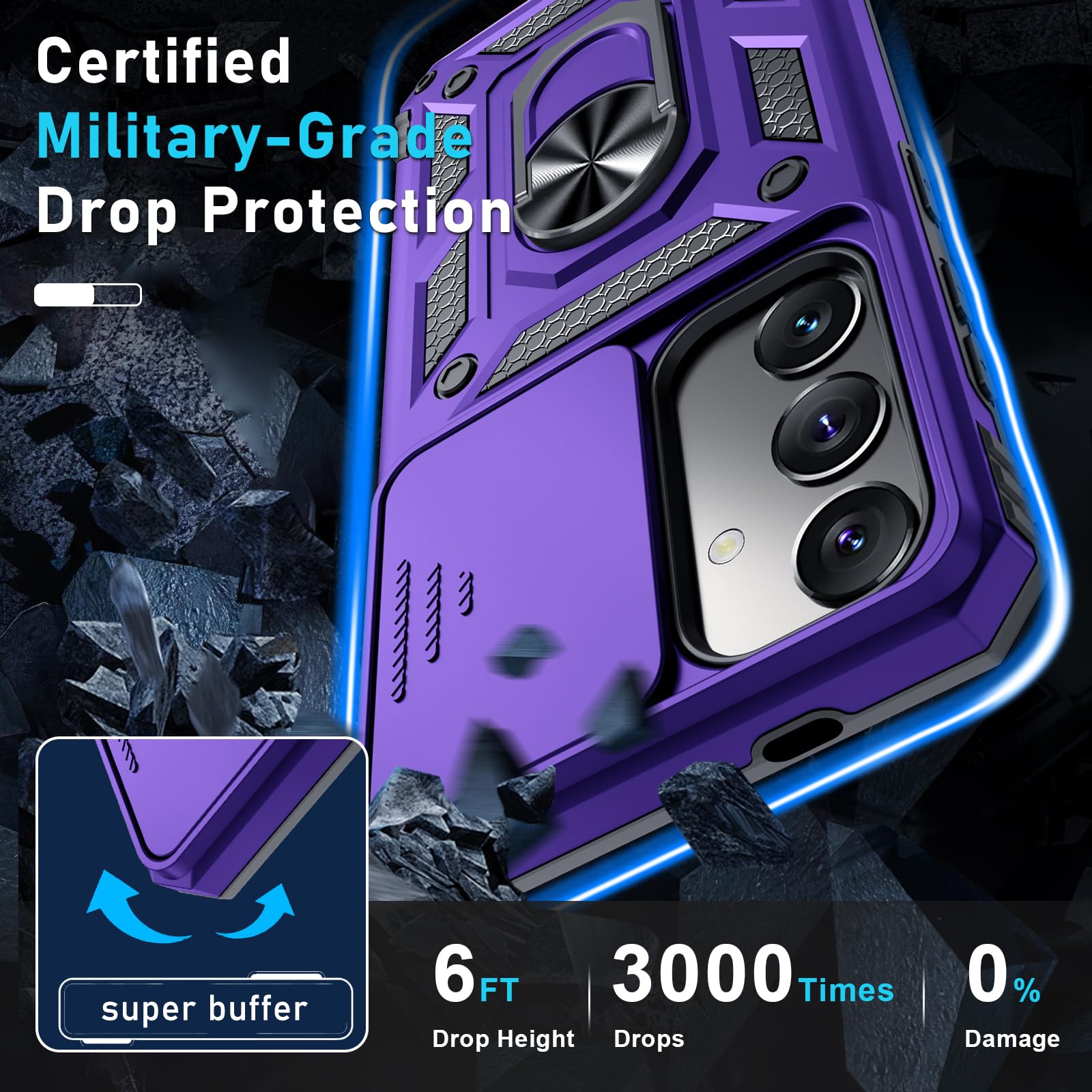 Janmitta Compatible With Samsung Galaxy S24 Case Built In Slide Camera Lens Cover+Screen Protector+Finger Ring Holder Kickstand,