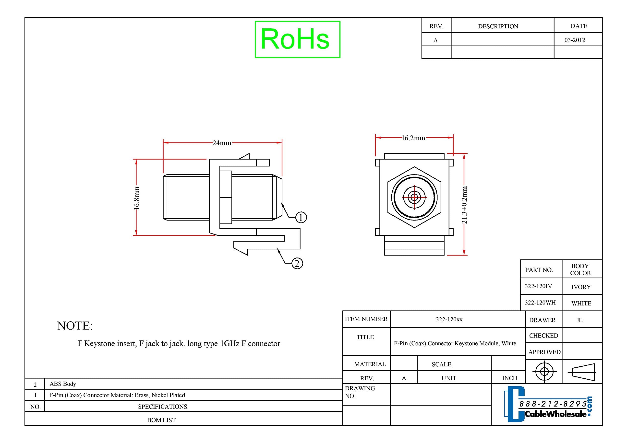 Cablewholesale F Pin Coaxial Connector Keystone Module, Beige (322 120Iv)