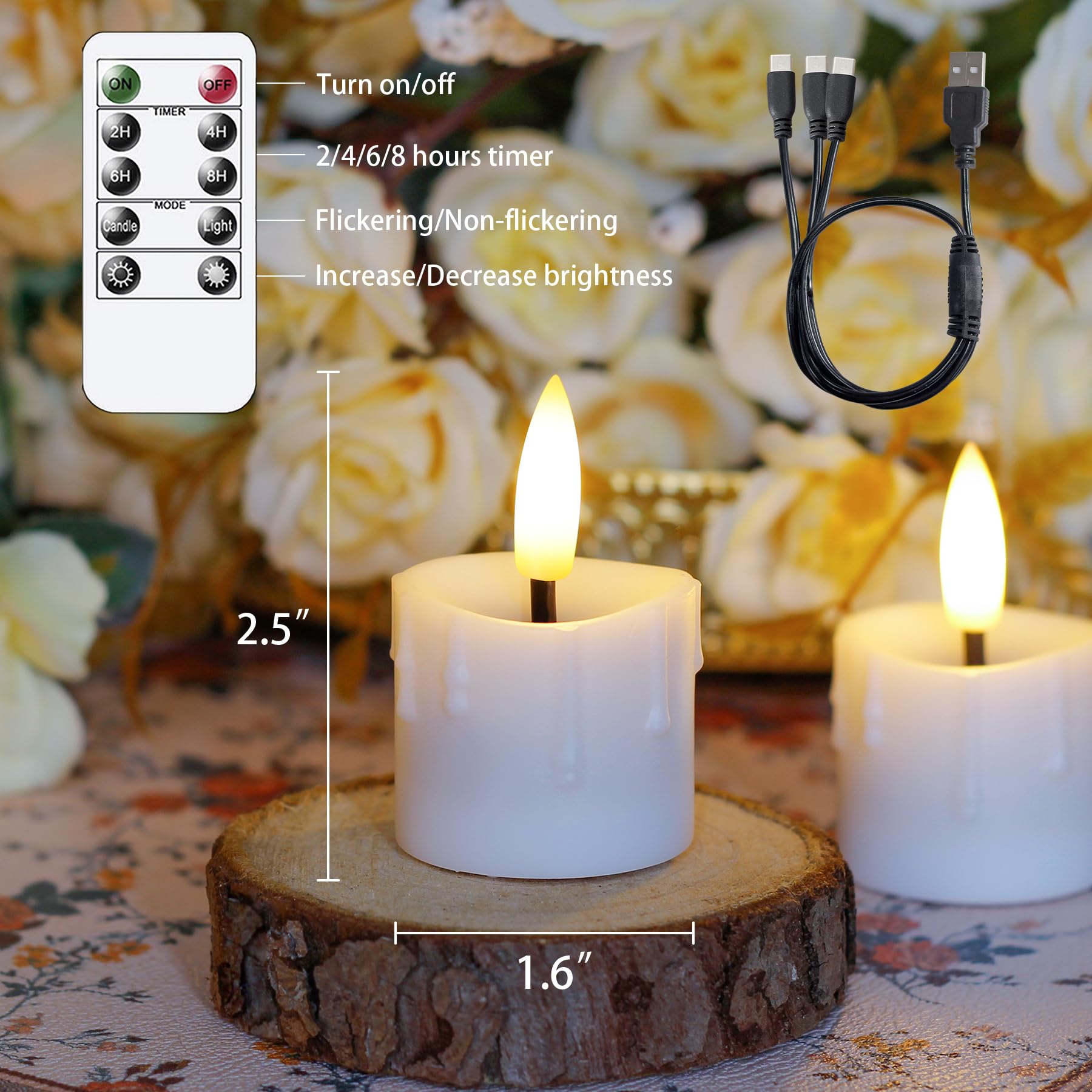 Yeelida Rechargeable Flameless 1.6'' X2.5'' Tea Light Candles With Remote & Type C Charging Cable, Timer Led Flickering White Pl