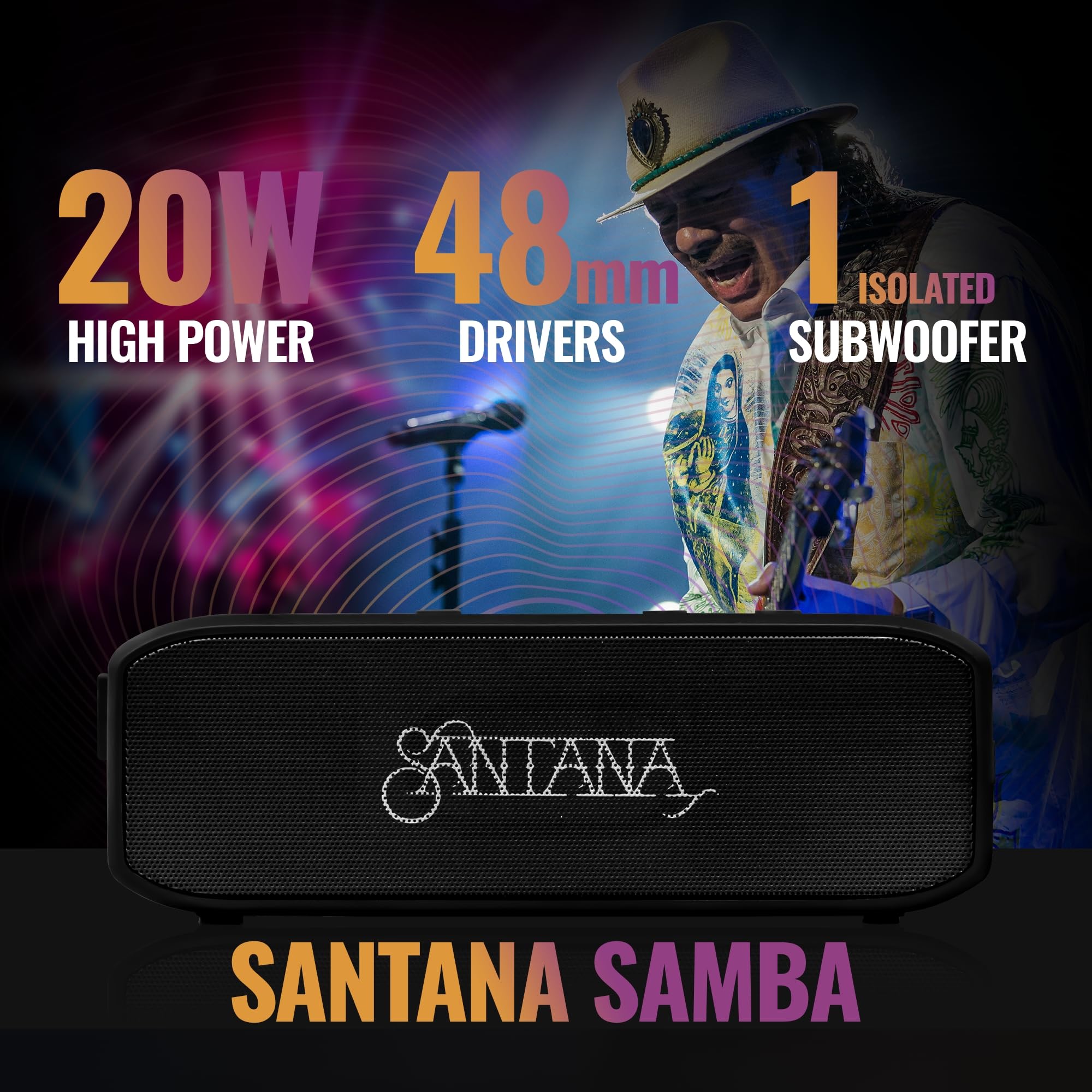 Santana By Carlos Santana Samba 40W High Power Bluetooth Speaker With 48Mm Drivers, Isolated Subwoofer, Ip67 Waterproof, True Wireless Surround Sound, 20+ Hours Battery Life (Samba, Single Pack)