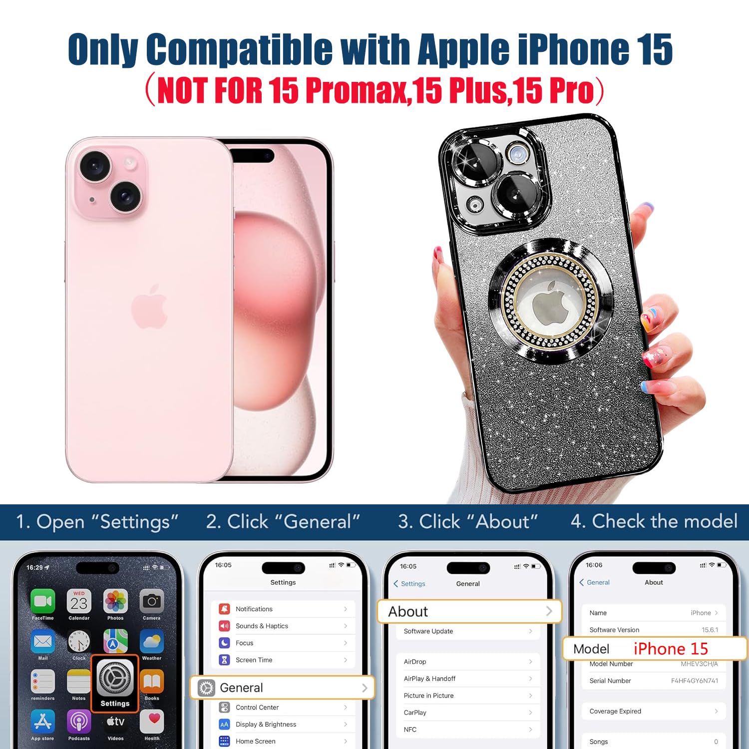 Misscase For Iphone 15 Magnetic Glitter Case Compatible With Magsafe,Full Protection Slim Shockproof Anti Scratch Case With Came