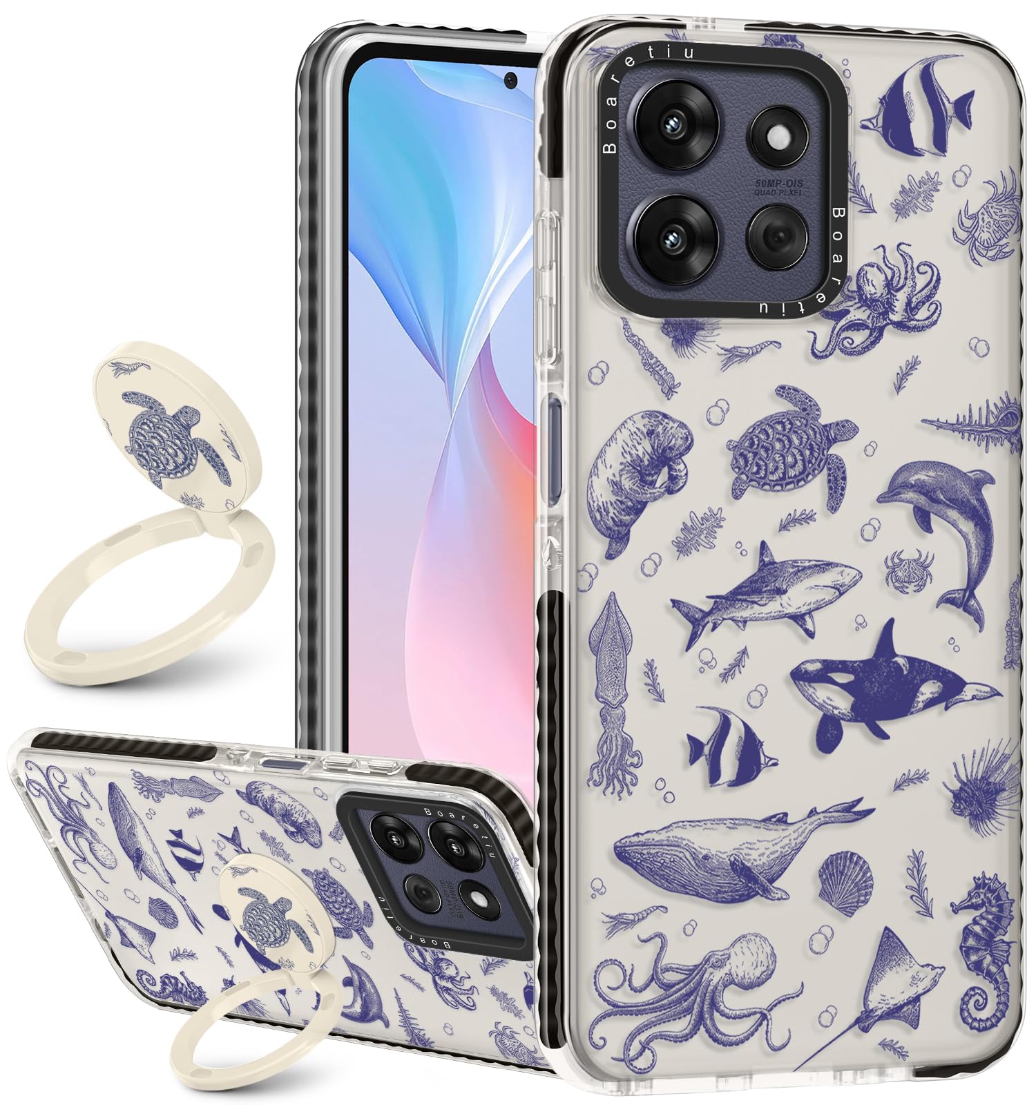 Boaretiu for Motorola Moto G 2025 Case - with Stand Cute Kawaii Fashion 360 Rotate Ring Holder Kickstand Sea Fish for Women Girl