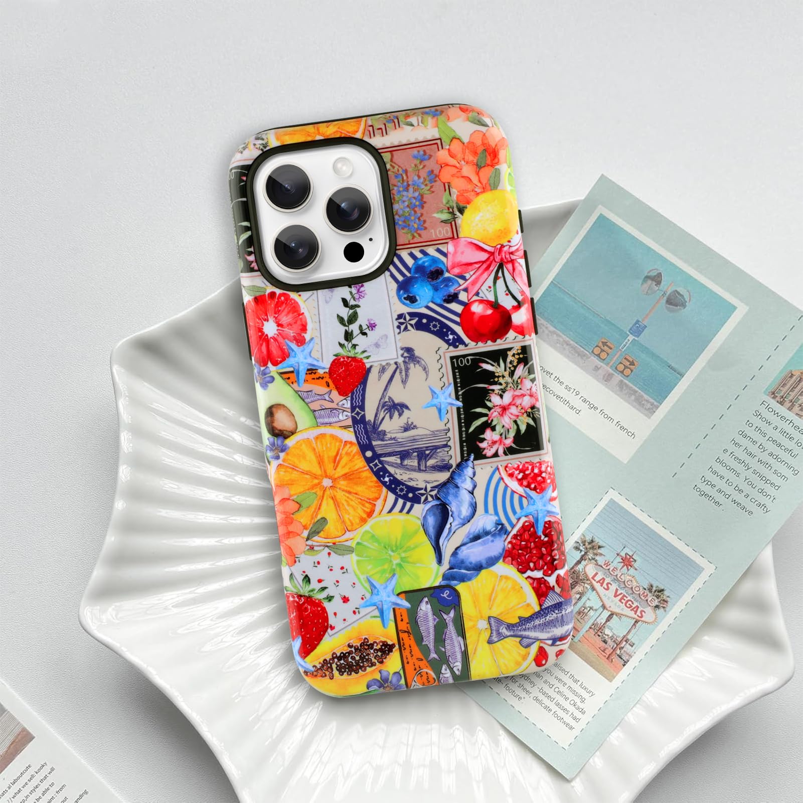 Jefonha For Iphone 16 Pro Max Case Cute Aesthetic For Women Girls, Classic Retro Western Fruit Stamp Seashell Costal Collage Sum