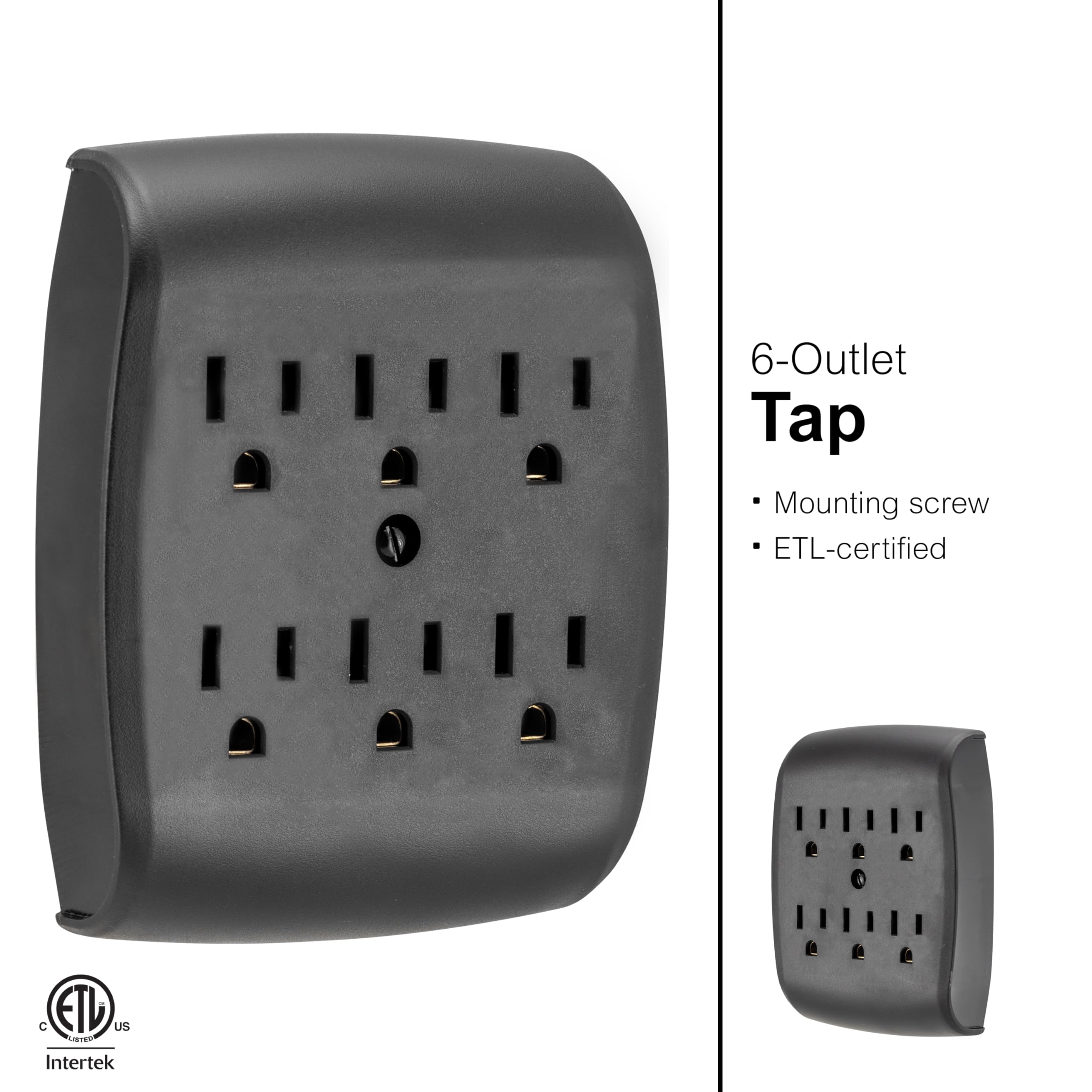 GE 6-Outlet Extender Wall Tap, Grounded Adapter, Charging Station, UL Listed, Black, 1 Pack