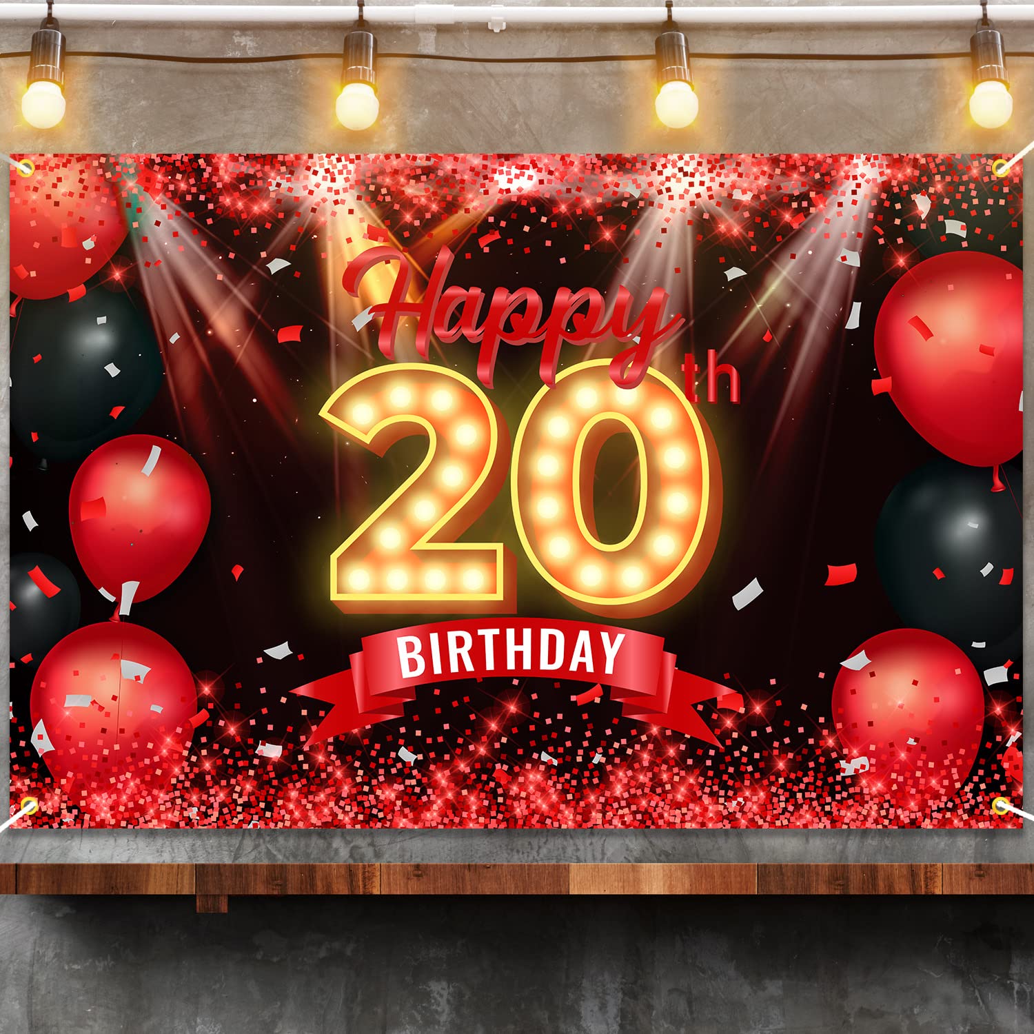 Happy 20Th Birthday Banner Backdrop Red And Black 20 Years Old Background Bday Decorations For Girls Women Boys Men Photography