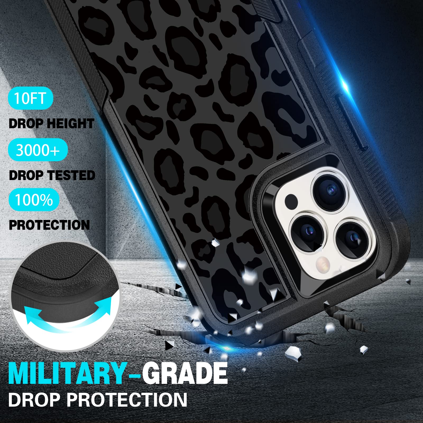 LOQUPE iPhone 14 Pro Max 5-in-1 Shockproof Case with Screen & Camera Protectors, Polycarbonate Leopard Pattern