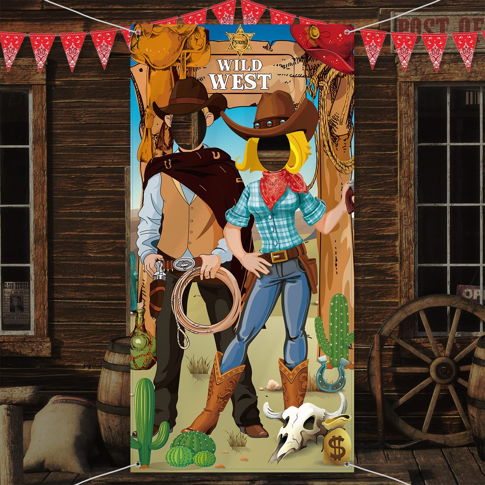 Blulu Cowboy Party Decorations Western Photo Booth Props, Large Fabric West Cowboy Door Banner Background, Funny Western Games Supplies, 6 X 3 Ft