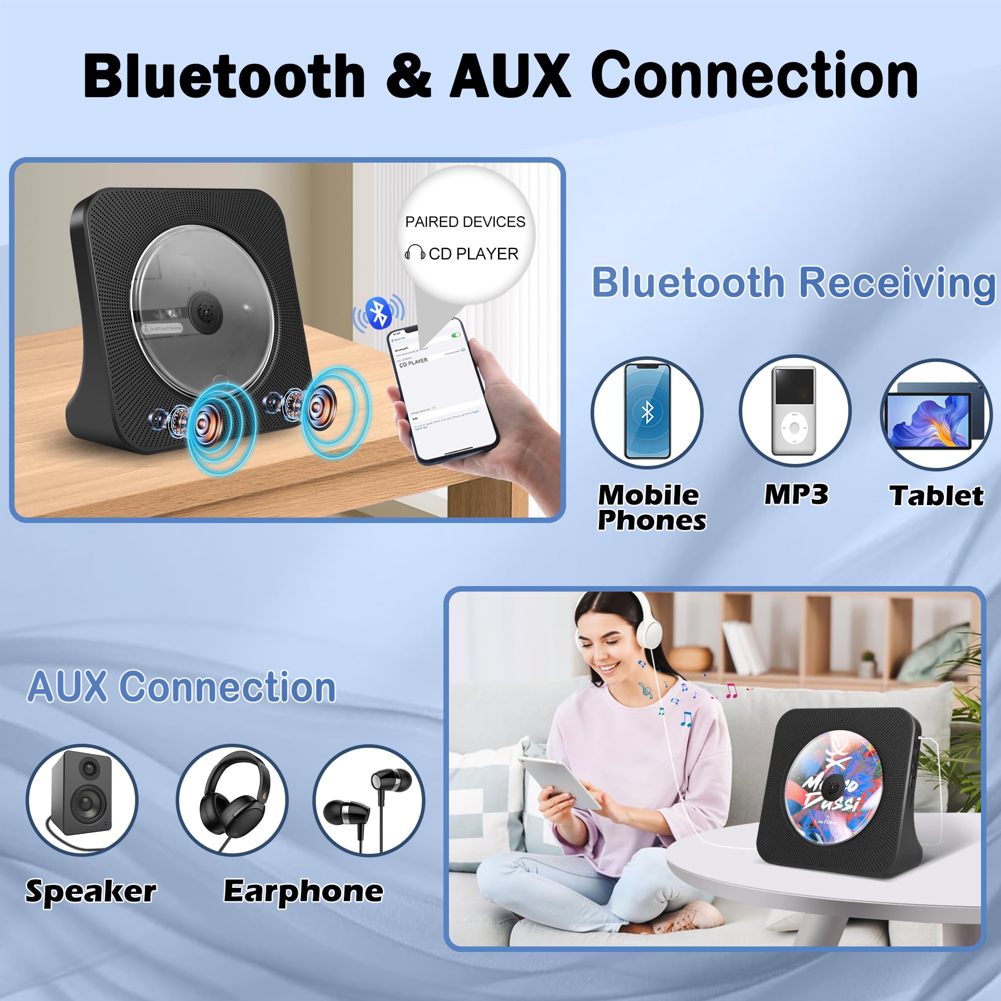 Todangai Cd Player Portable With 4000Mah Rechargeable Battery, Bluetooth Cd Player With Speakers For Home/Car, Radio Cd Players