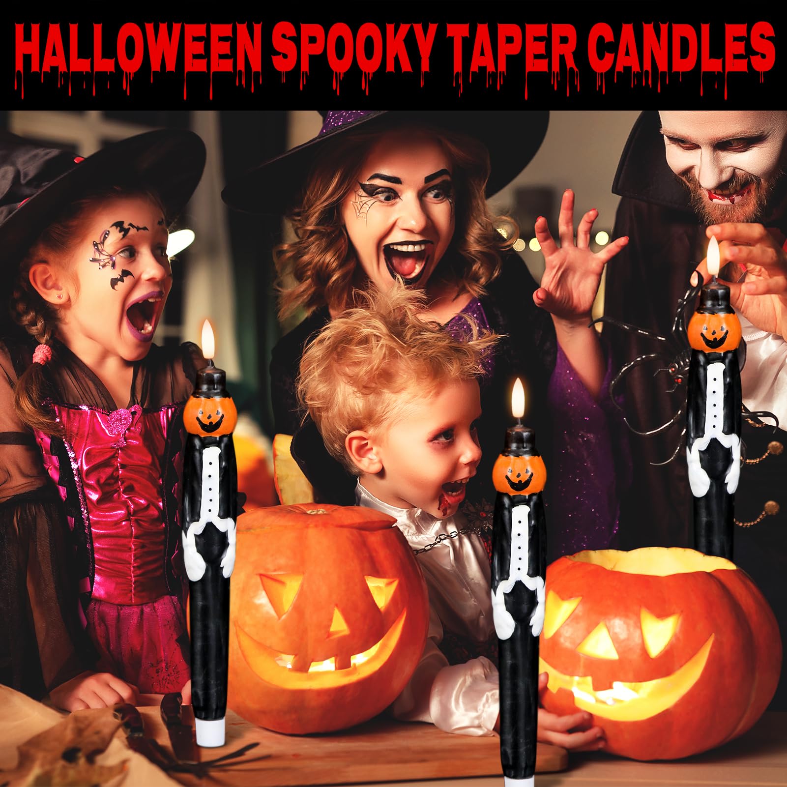 Genswin Halloween Flameless Taper Candles With Timer, 2 Pack Taper Candles Battery Operated, Real Wax Pumpkin Gentleman Suit Des