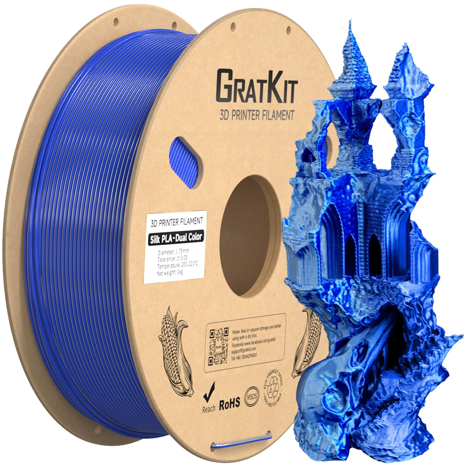 Gratkit Silk Dual Color PLA Filament, Coextrusion PLA Filament 1.75mm, +/-0.03mm, 1KG/Roll, Silk PLA Blue & Silver