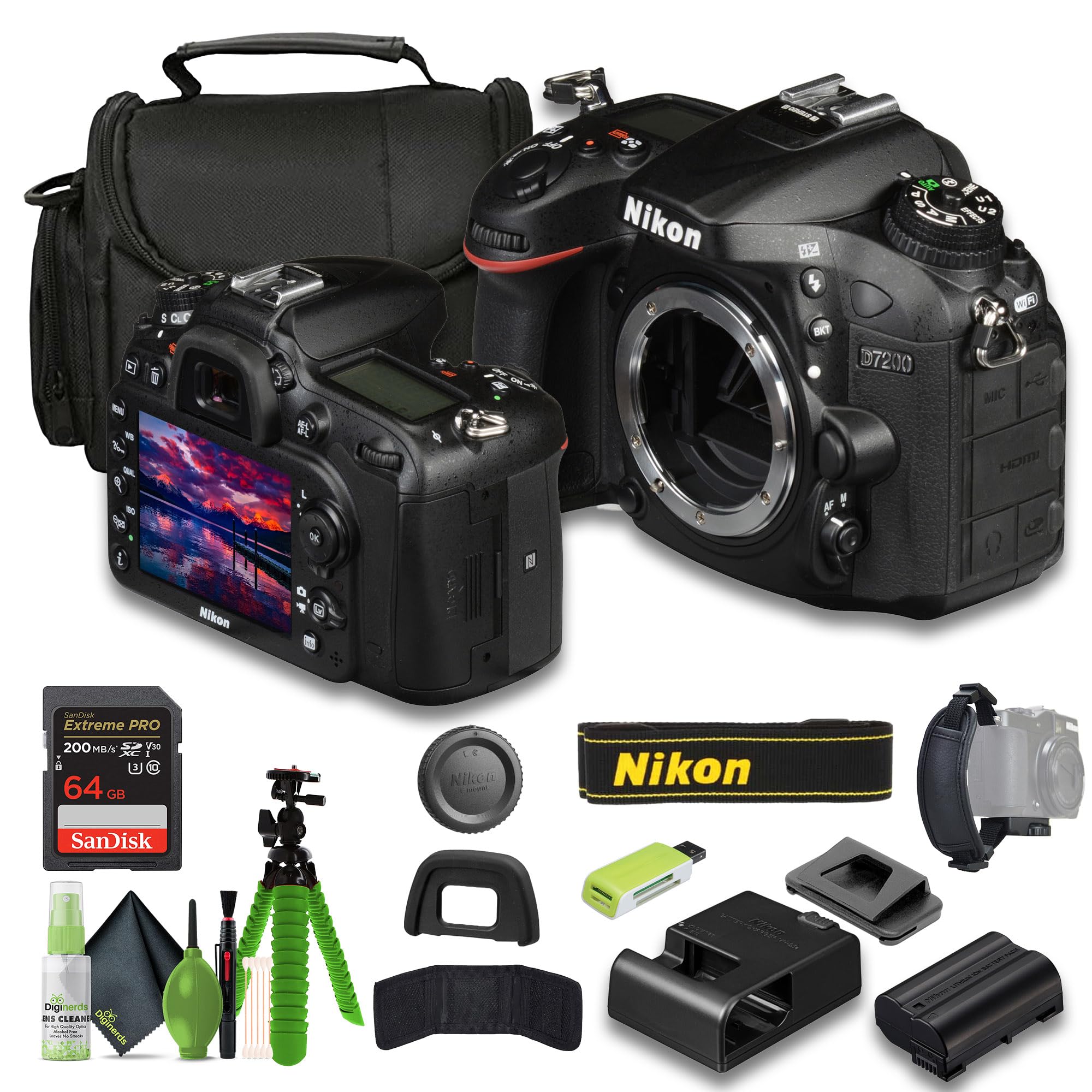 Nikon D7200 24.2 MP DX-Format Digital SLR Camera + Soft Case + Cleaning Kit + Memory Card Wallet + Extreme PRO 64GB Card + Card 