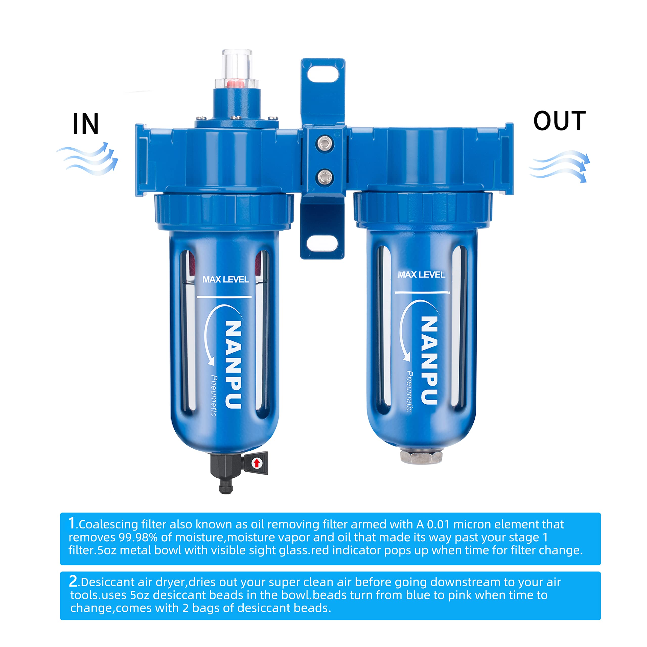 Nanpu Zinc Alloy Coalescing Filter & Desiccant Dryer System, Poly Bowl, Suitable For Paint Spray & Plasma Cutter (1/2'' Npt)
