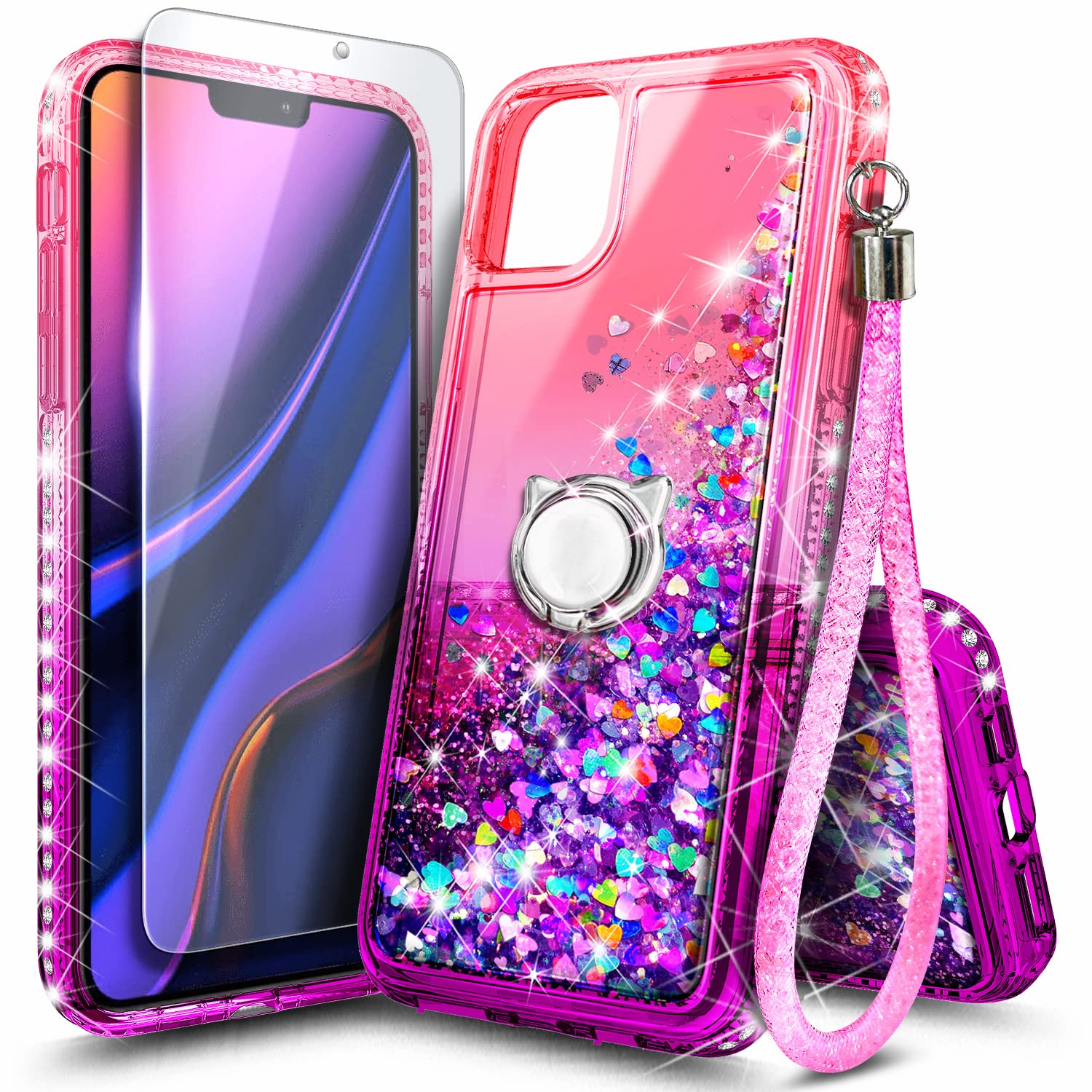 Ngb For Iphone 12 Mini Case With Tempered Glass Screen Protector, Ring Holder/Wrist Strap, Girls Women Liquid Bling Sparkle Floa