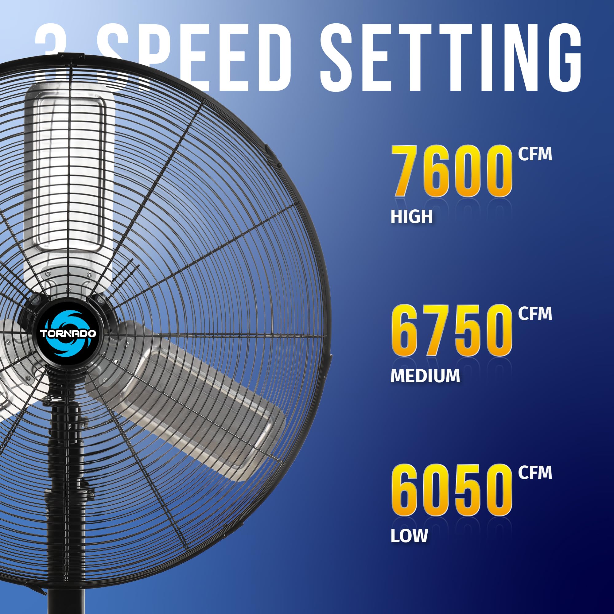 Tornado 24 Inch High Velocity Oscillating Metal Pedestal Fan Commercial, Industrial Use 3 Speed 7600 Cfm 1/4 Hp 6.6 Ft Cord Ul S