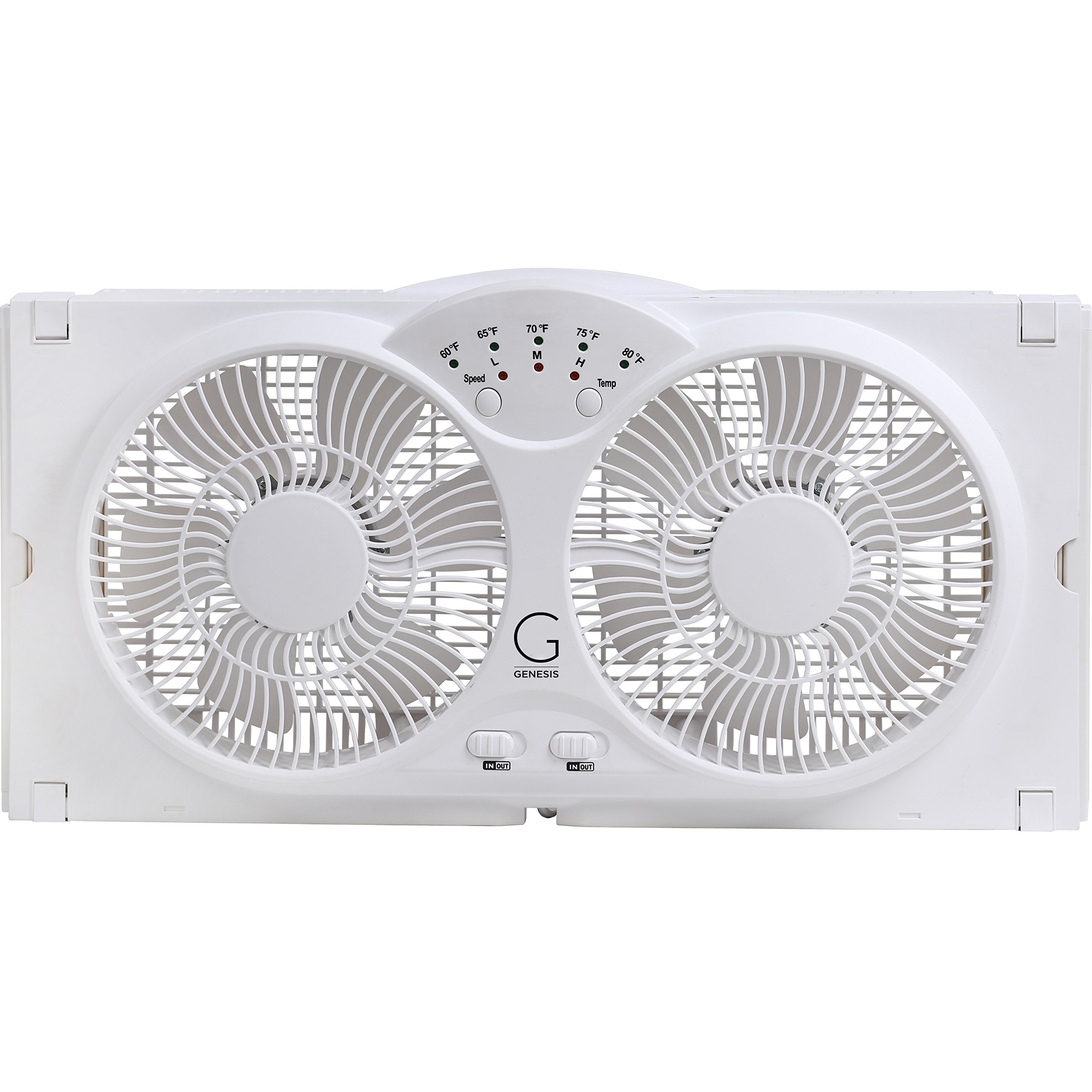 Genesis Twin Fan - High Velocity Reversible AirFlow, LED Indicator, Adjustable Thermostat, 9" Plastic, White, Model A1WINDOWFAN