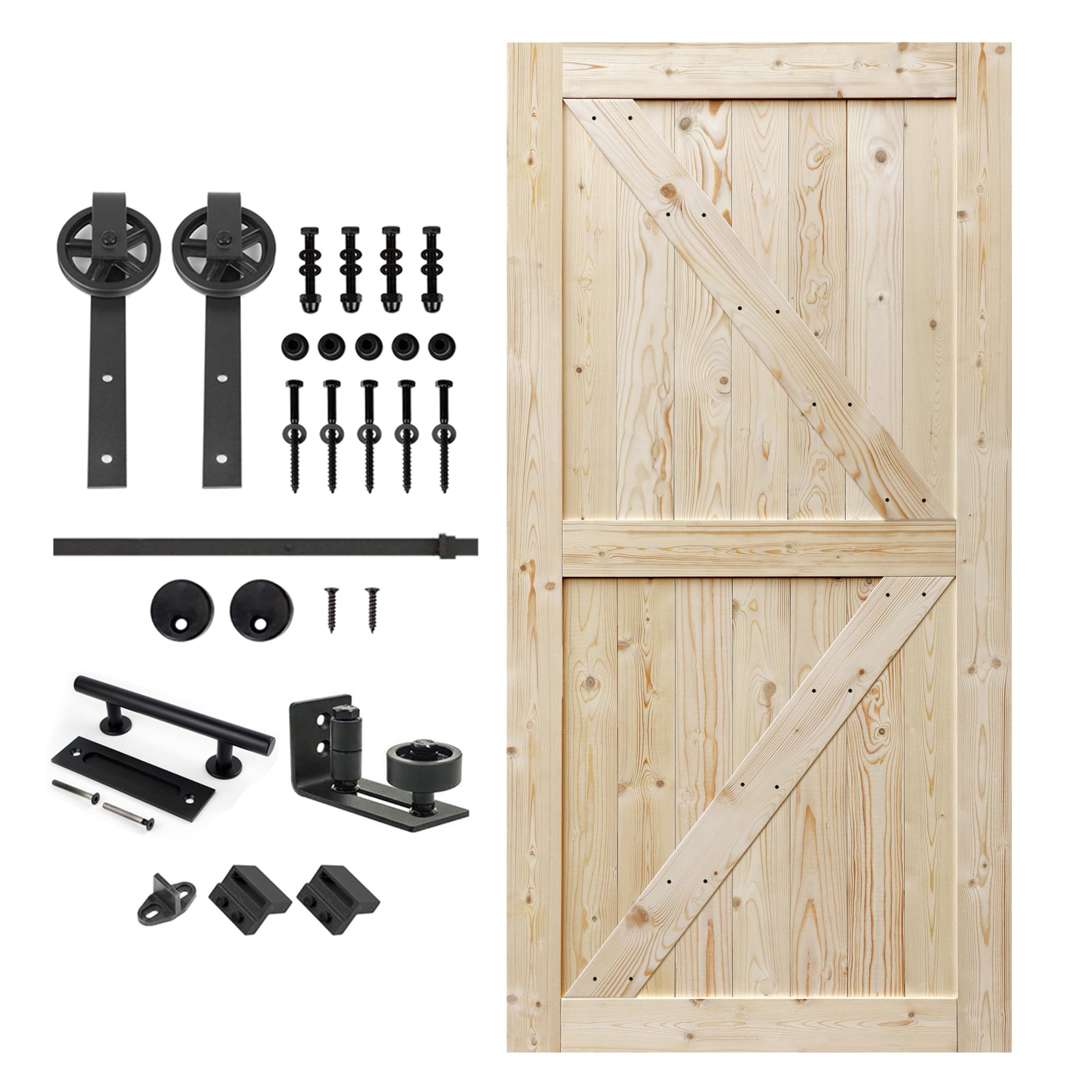 S&Z TOPHAND 44 in. x 84 in. Unfinished British Brace Knotty Barn Door with 8FT Sliding Door Hardware Kit/Solid Wood/Sliding Door
