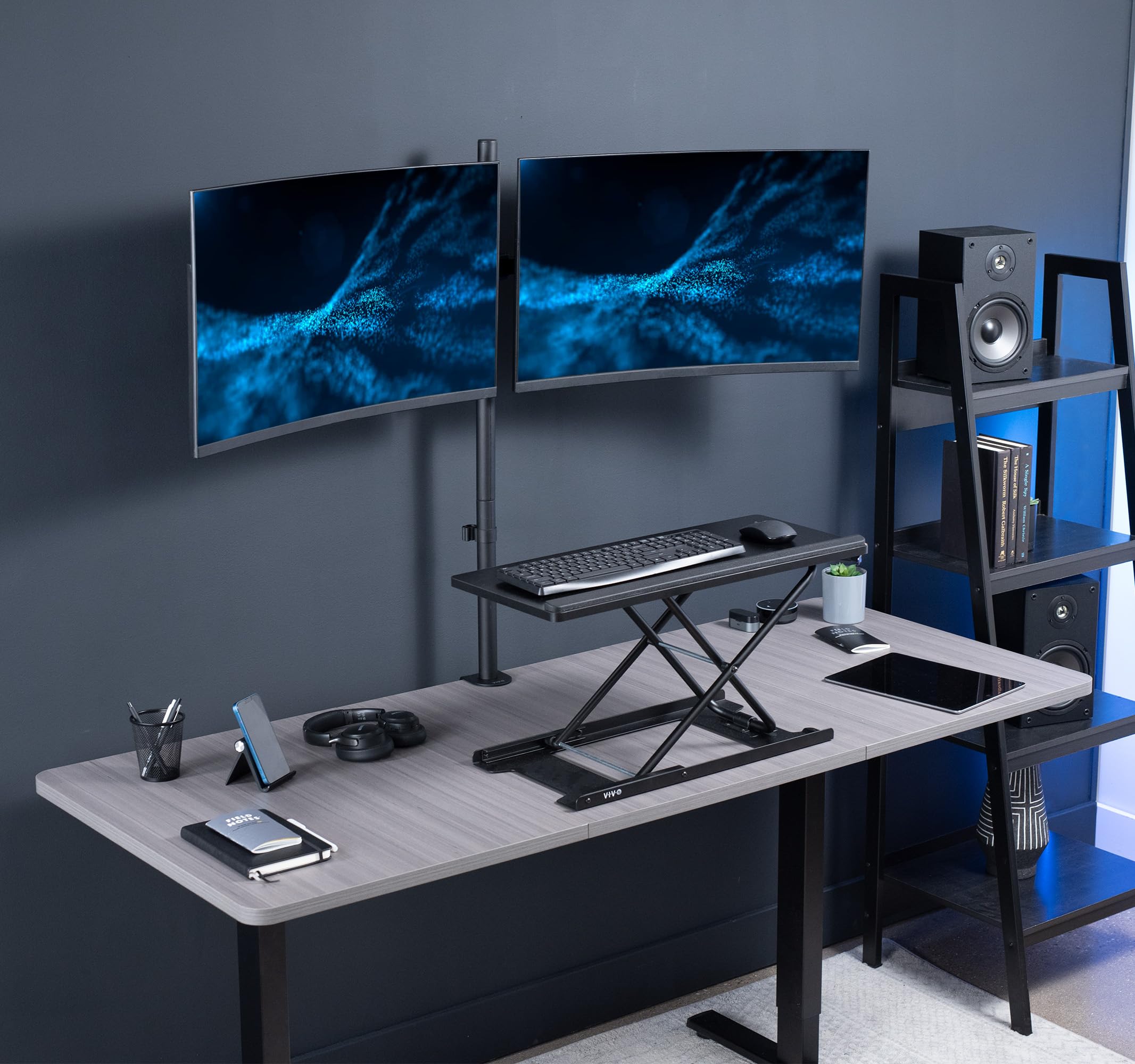 VIVO Premium Dual Ultra Wide LCD LED 27 to 38 inch Monitor Desk Mount, Heavy Duty C clamp, Extra Tall Pole, Adjustable Telescoping Arms, Flush Wall Setup, Fits 2 Screens, Black, STAND TS38C T