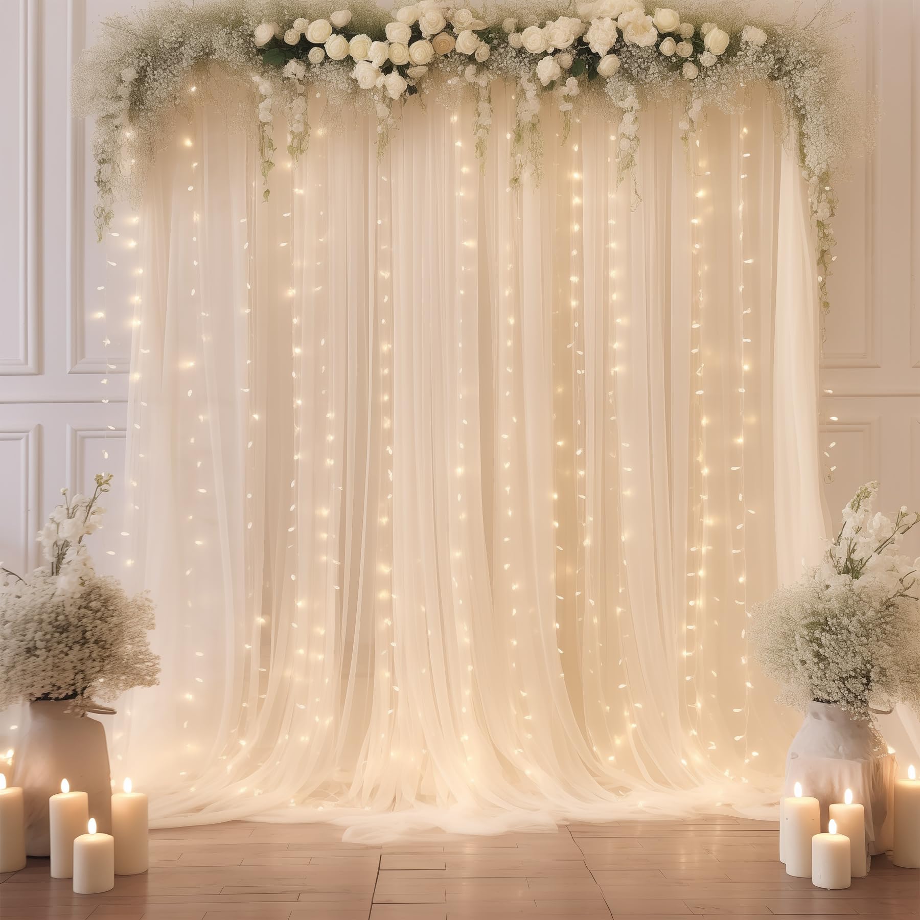 10  10Ft White Tulle Backdrop Curtain With Lights String For Parites, Sheer Curtain Backdrop Drapes For Wedding Party Home Decor