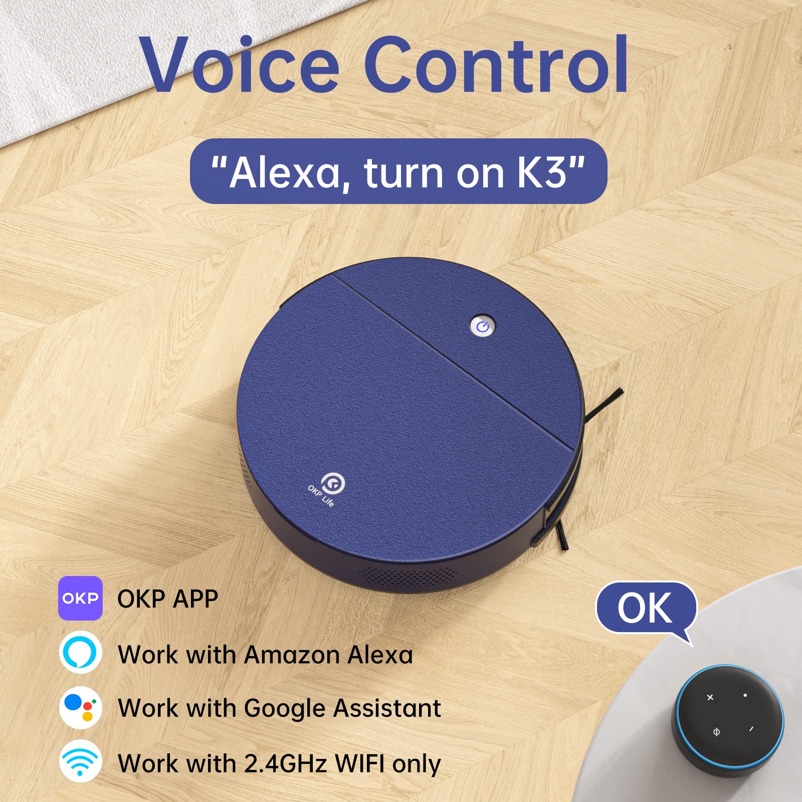 Okp K3 Robot Vacuum Cleaner Self-Charging Robotic Vacuum Cleaner With 2000Pa Strong Suction Voice Control For Hardfloor And Carp