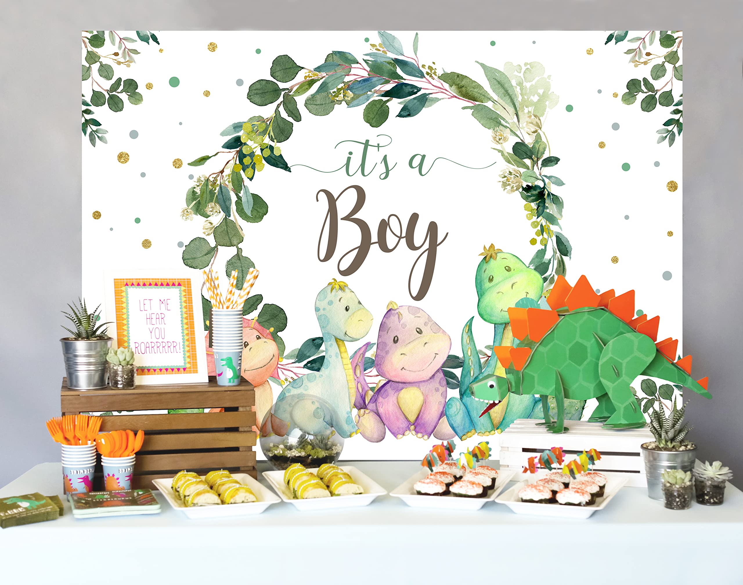 5X3Ft It'S A Boy Backdrop Baby Shower Cartoon Dinosaur Cactus And Eucalyptus Leaves Photography Background Kids Party Supplies C