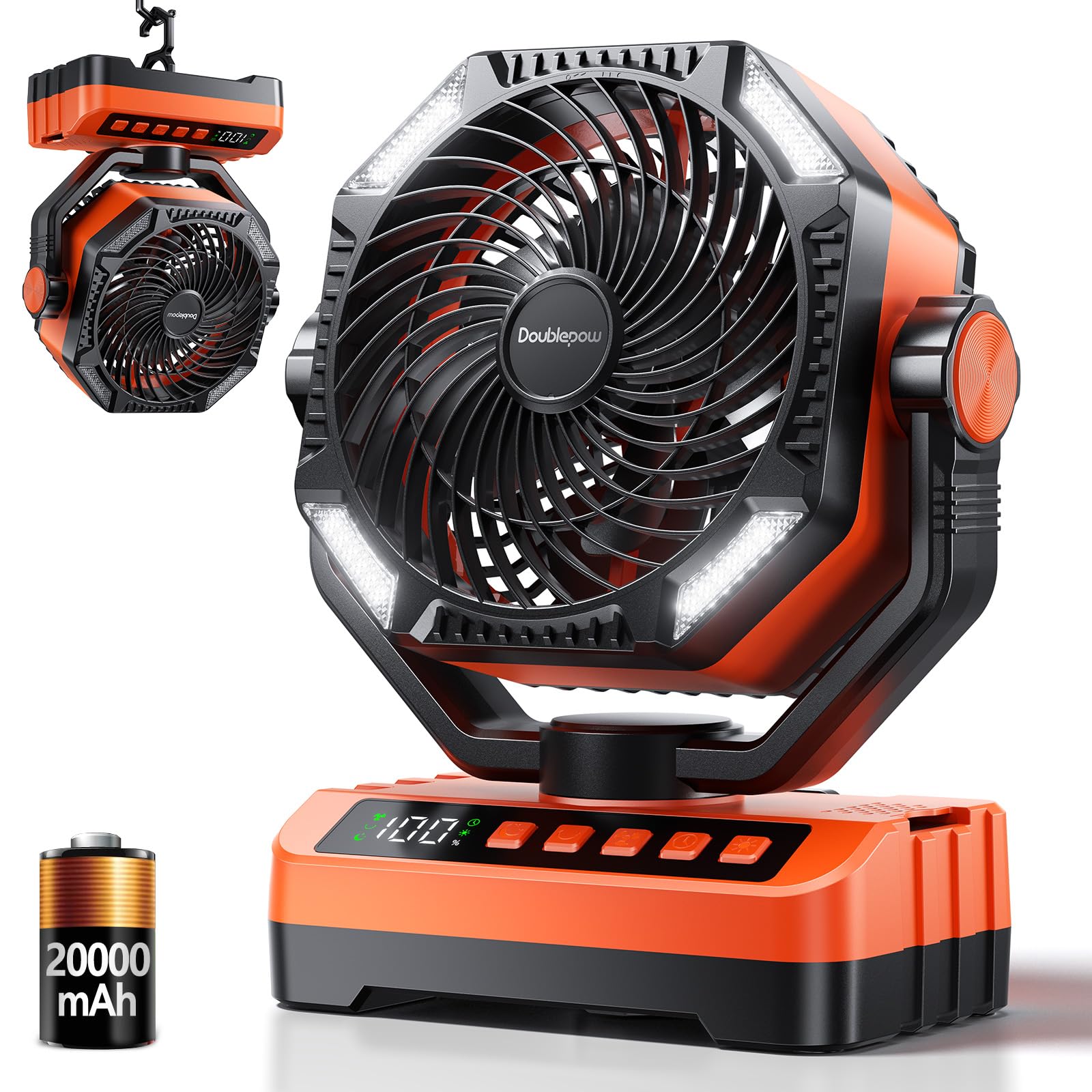 Camping LED Fan with Light, 40000Max Rechargeable Battery Powered Outdoor Tent Fan with Light and Hook, 4 Speed, Personal USB De