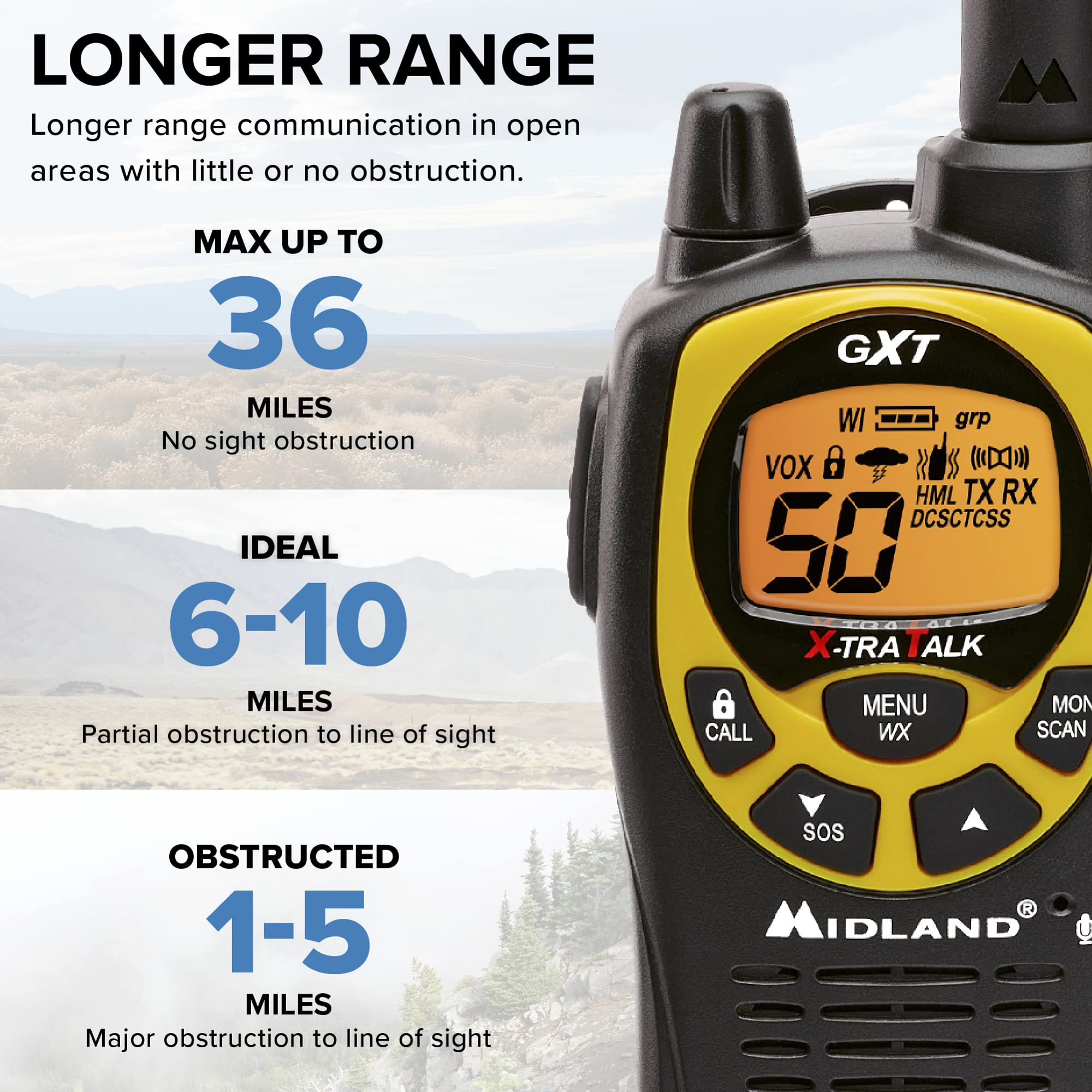 Midland 50 Channel Gmrs Two Way Radio   Long Range Walkie Talkie With 142 Privacy Codes, Sos Siren, And Noaa Weather Alerts And Weather Scan (Black/Yellow, Pair Pack)