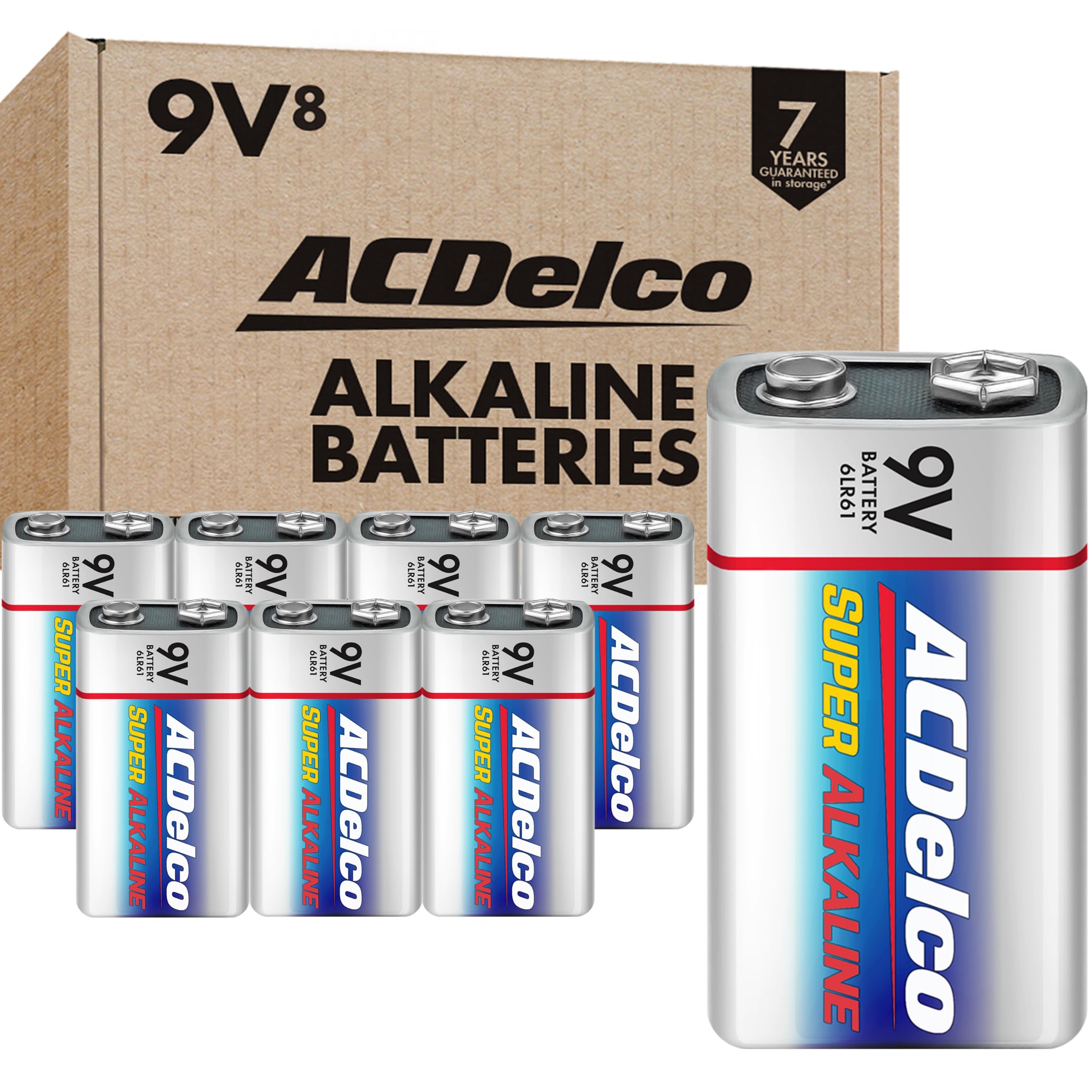 Acdelco 8 Count 9 Volt Batteries, Maximum Power Super Alkaline Battery, 7 Year Shelf Life, Reclosable Packaging