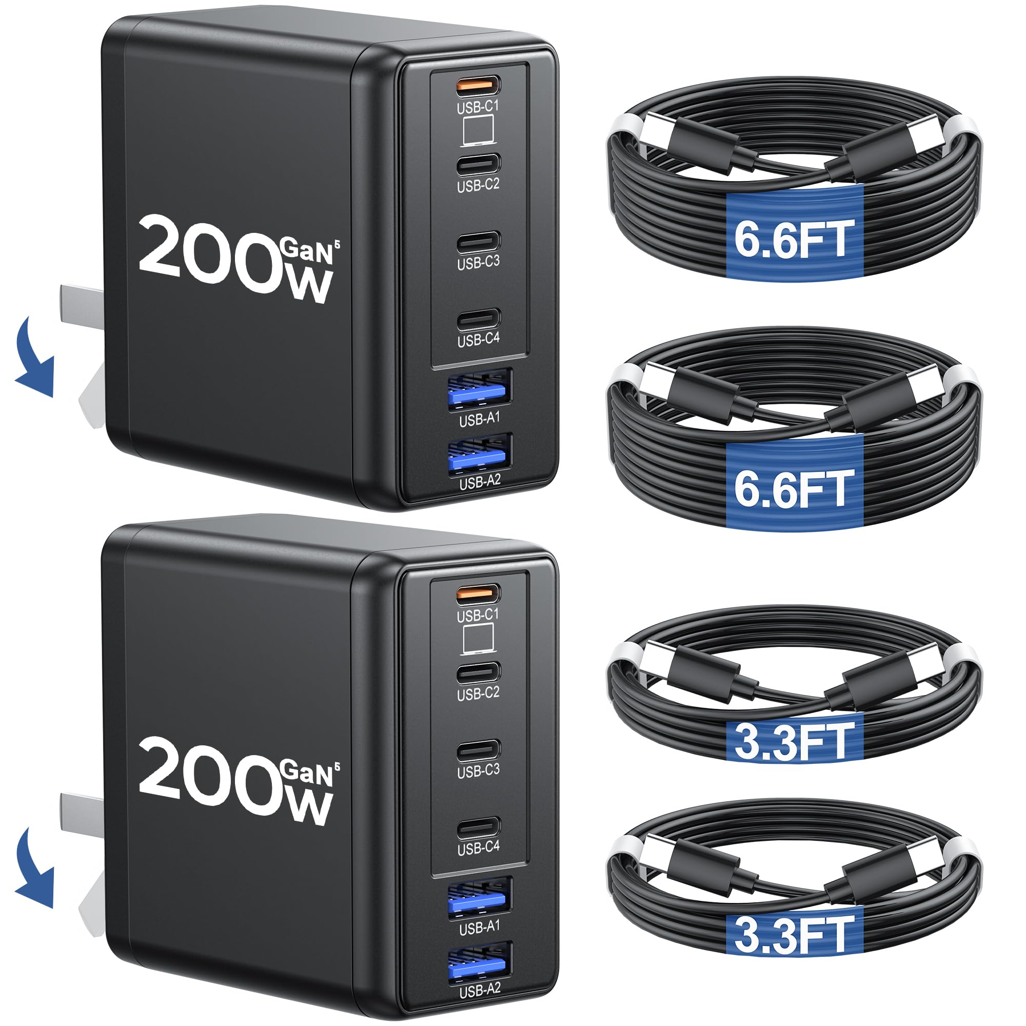 2 Pack 200W USB C Charger with 4 USB Cables, 6-Port Wall Charger, Laptop Fast Charger Type C Charging Block for MacBook Pro, Del
