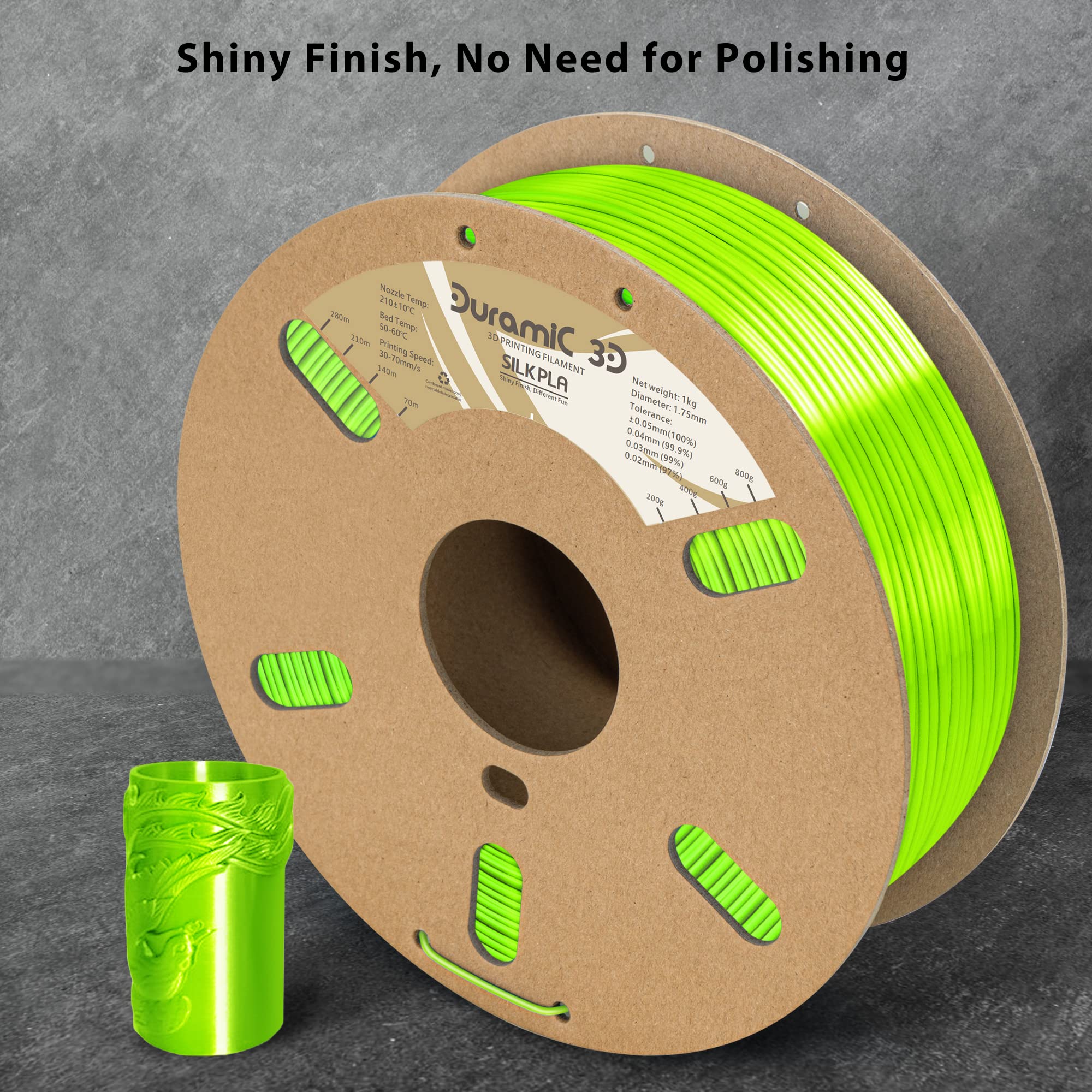 Duramic 3D Shiny Silk Pla Filament 1.75Mm Shiny Metallic Pla Filament Dimensional Accuracy +/- 0.05 Mm Neon Green