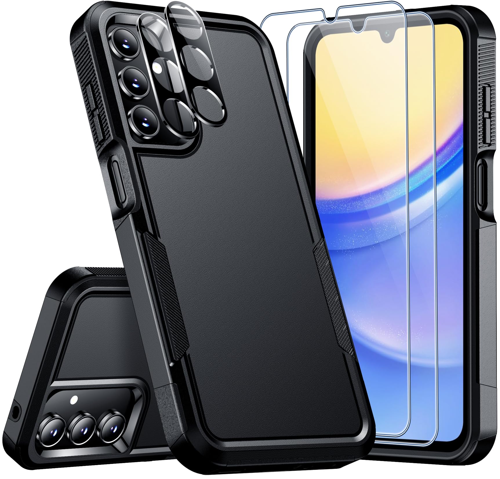Spidercase For Samsung Galaxy A15 5G Case,[12 Ft Military Grade Drop Protection] 2 Pack [Glass Screen Protector + Camera Lens Pr