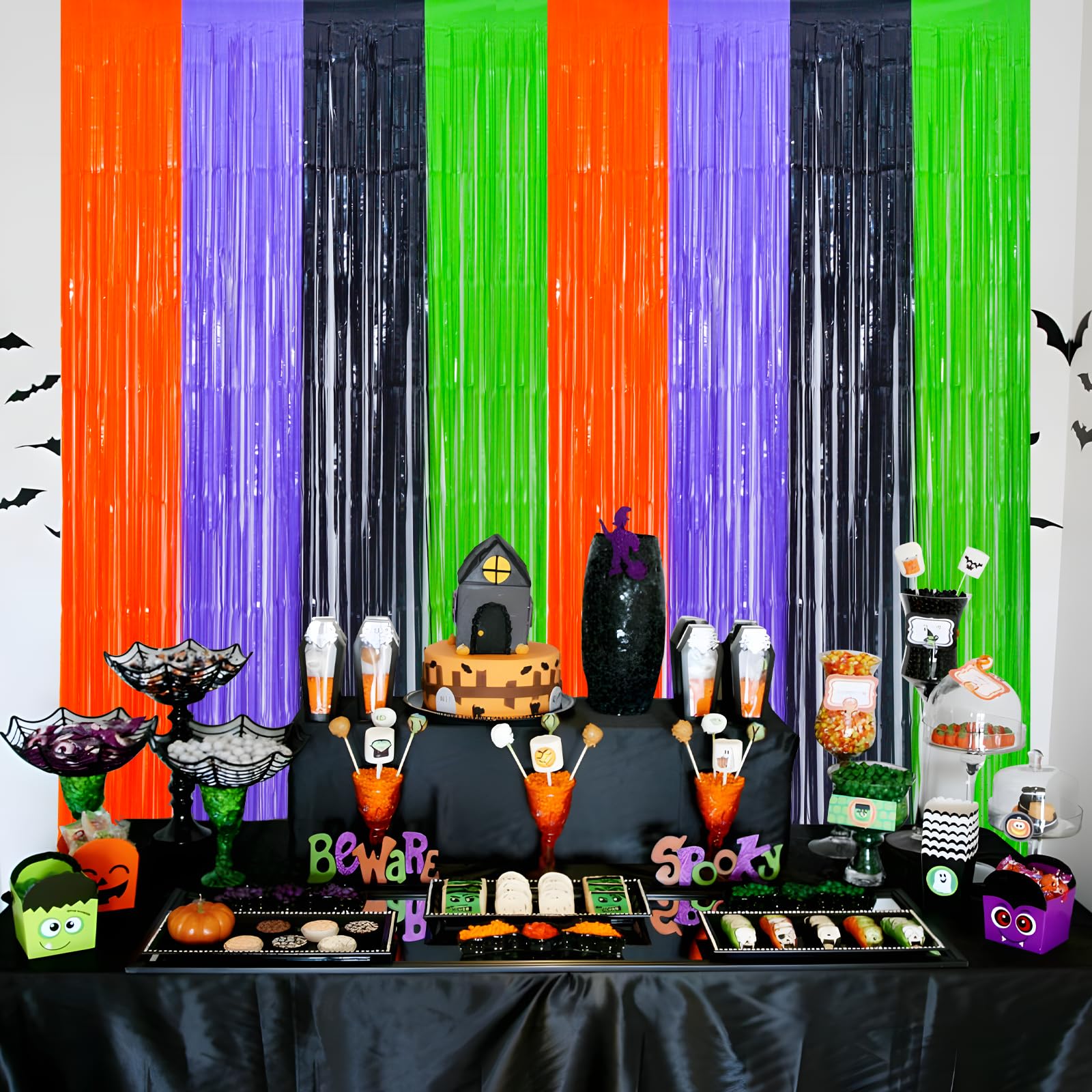 Mega L Halloween Party Decorations, 2 Packs Orange Purple Black Green Photo Booth Props, 3.3 X 6.6 Ft Halloween Foil Fringe Curt