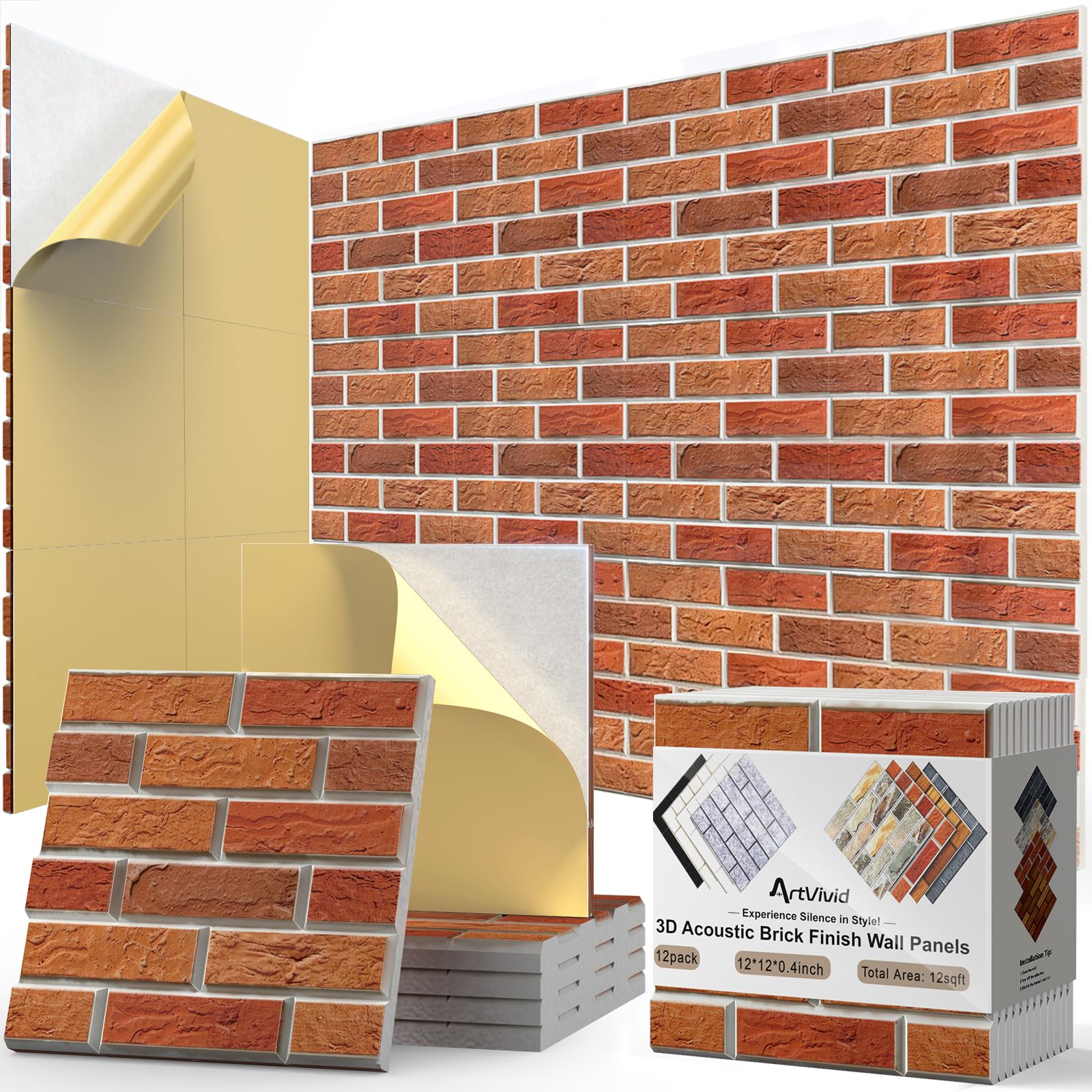 ArtVivid 12Pack Acoustic Panels, 12  12  0.4 Self-Adhesive 3D Brick Pattern Sound Proof Panels for Walls, High Density Decorativ