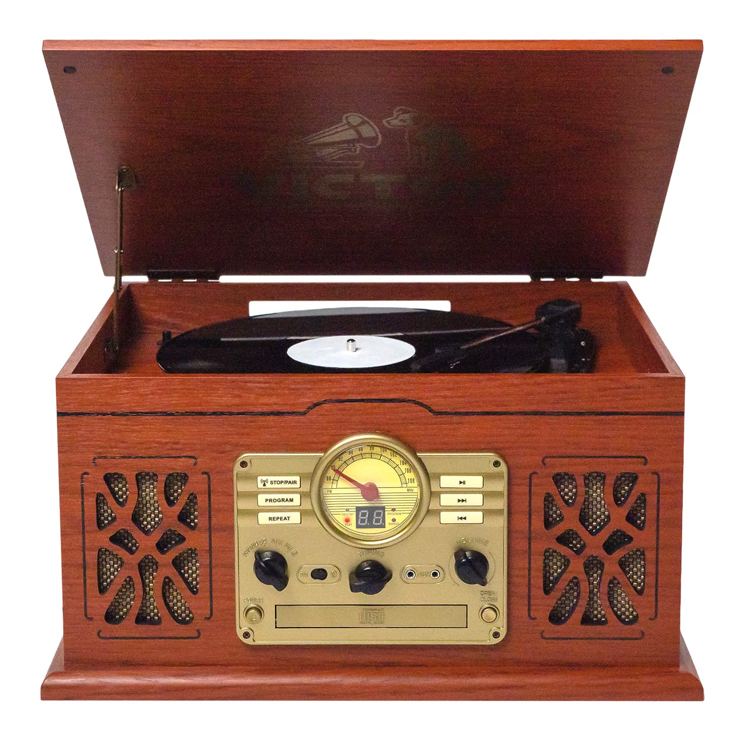 Victor VWRP-3800 State 7-in-1 Turntable Music Center with 3-Speed Record Player, CD/MP3/Cassette Player, FM Radio, Dual Bluetoot