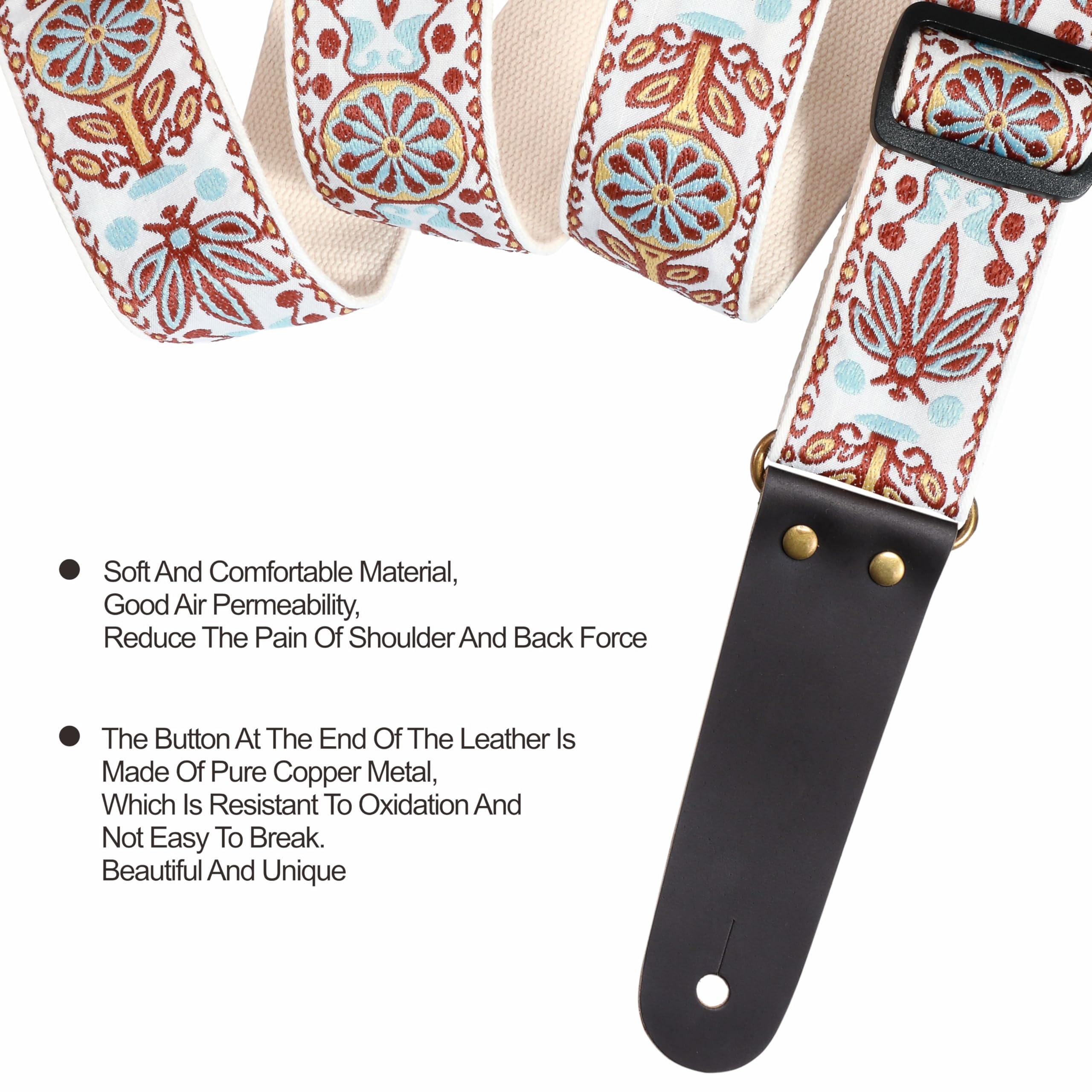 Nefelibata Guitar Strap   Vintage Embroidered Cotton Guitar Straps With Genuine Leather Ends For Bass, Electric & Acoustic Guita