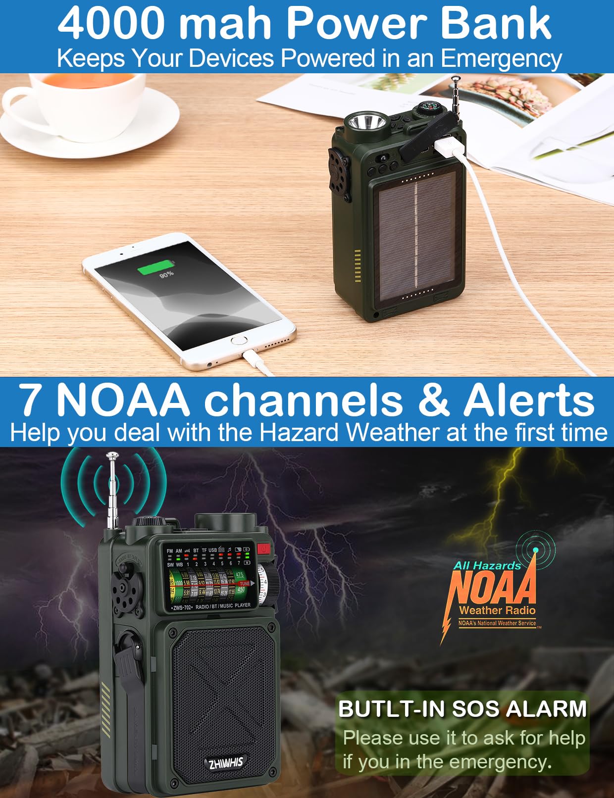 Zhiwhis Shortwave Radio With Bluetooth, Am/Fm/Sw/Wb Emergency Radios With Noaa Alerts, Hand Crank/Solar/4000Mah/White Noise/Sos/