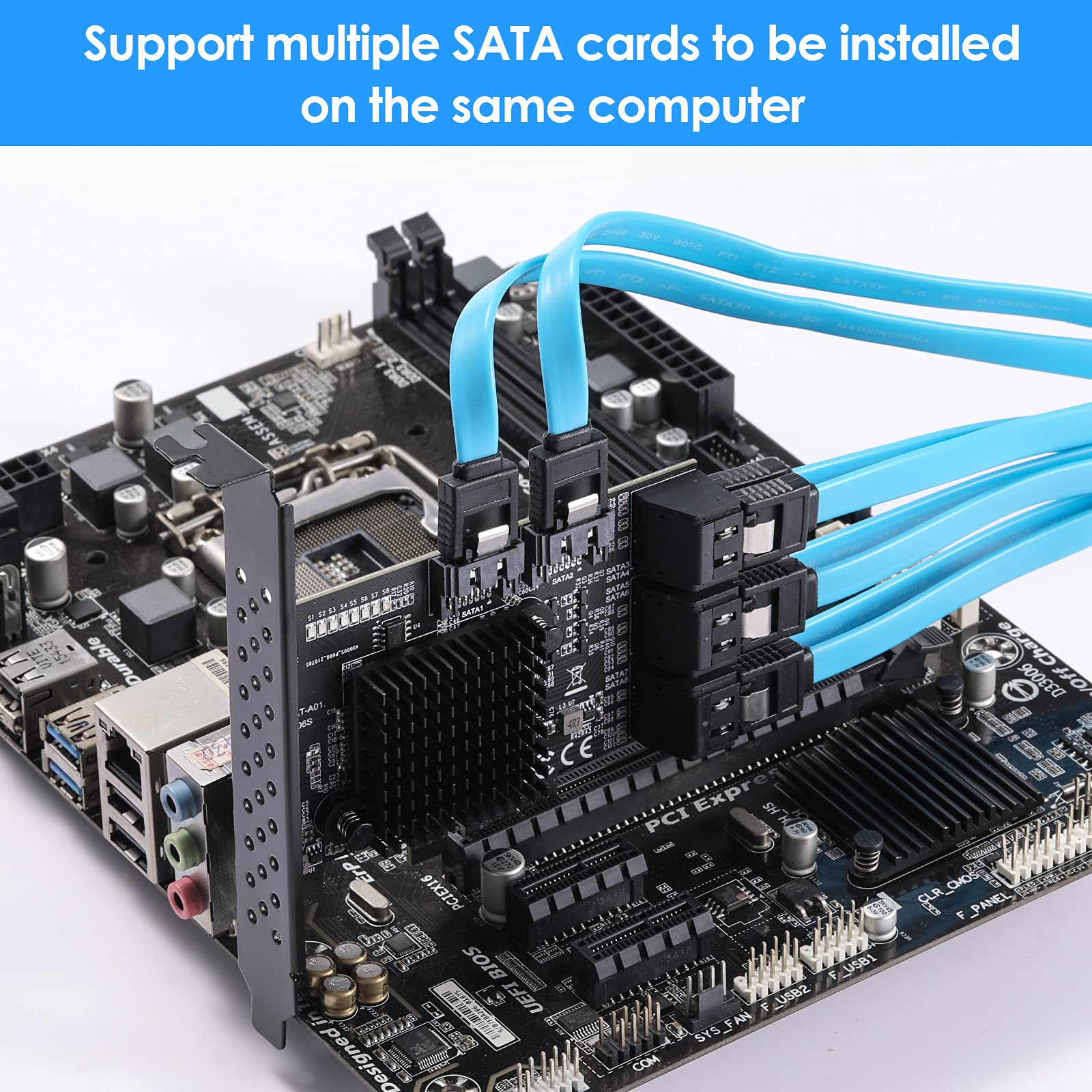 Beyimei Pcie Sata Card 8 Ports, With 8 Sata Cables, Power Splitter Cable Andlow Profile Bracket,Sata 3.0 Controller Expansion Card, Pci E X1 3.0 Gen3 (6Gbps) Controller Card (Asm1064+Jmb575)