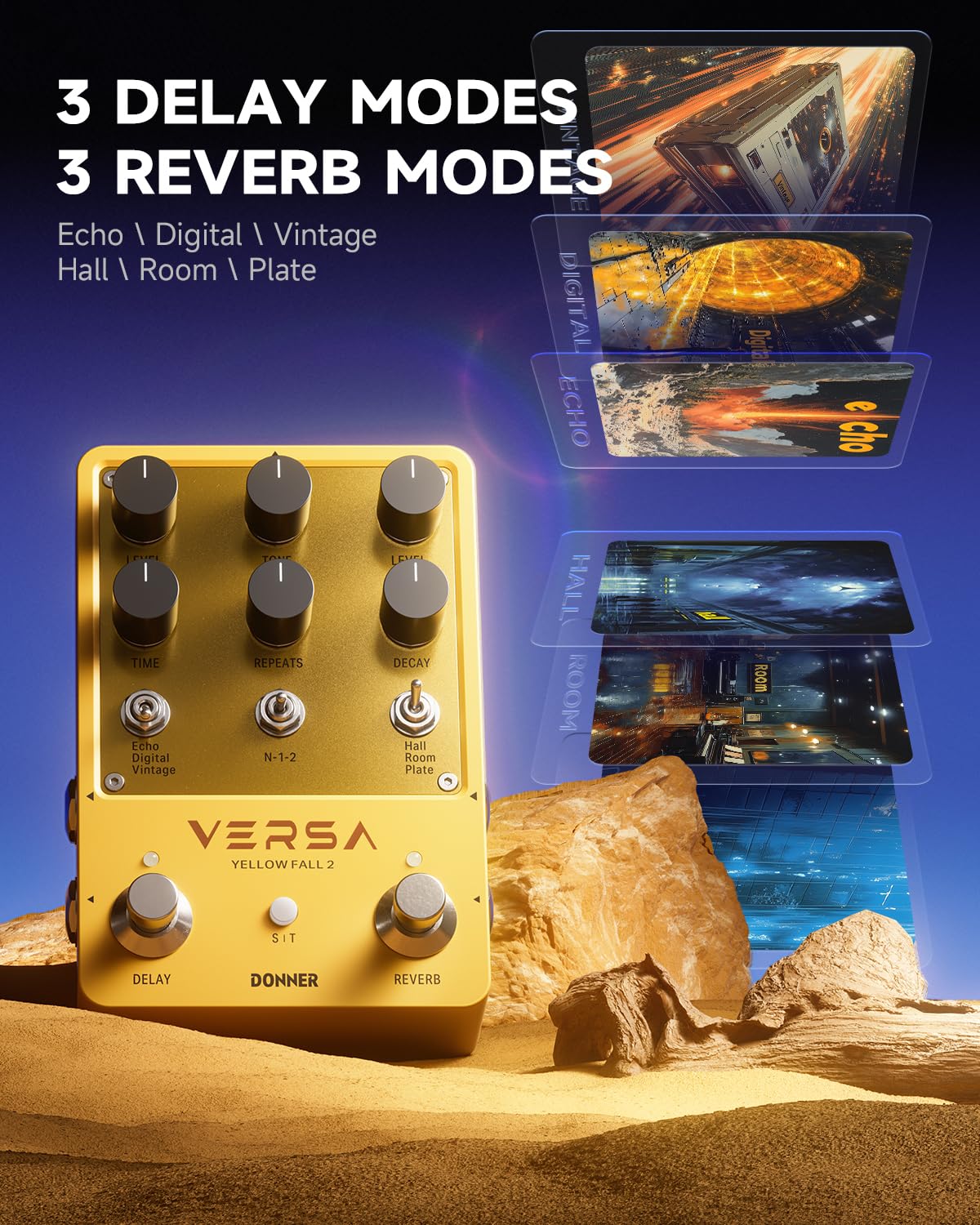 Donner Delay & Reverb Pedal With Tap Tempo, Preset Saving, Stereo In/Out, Digital 3X3 Multi-Mode Effects For Electric/Acoustic G