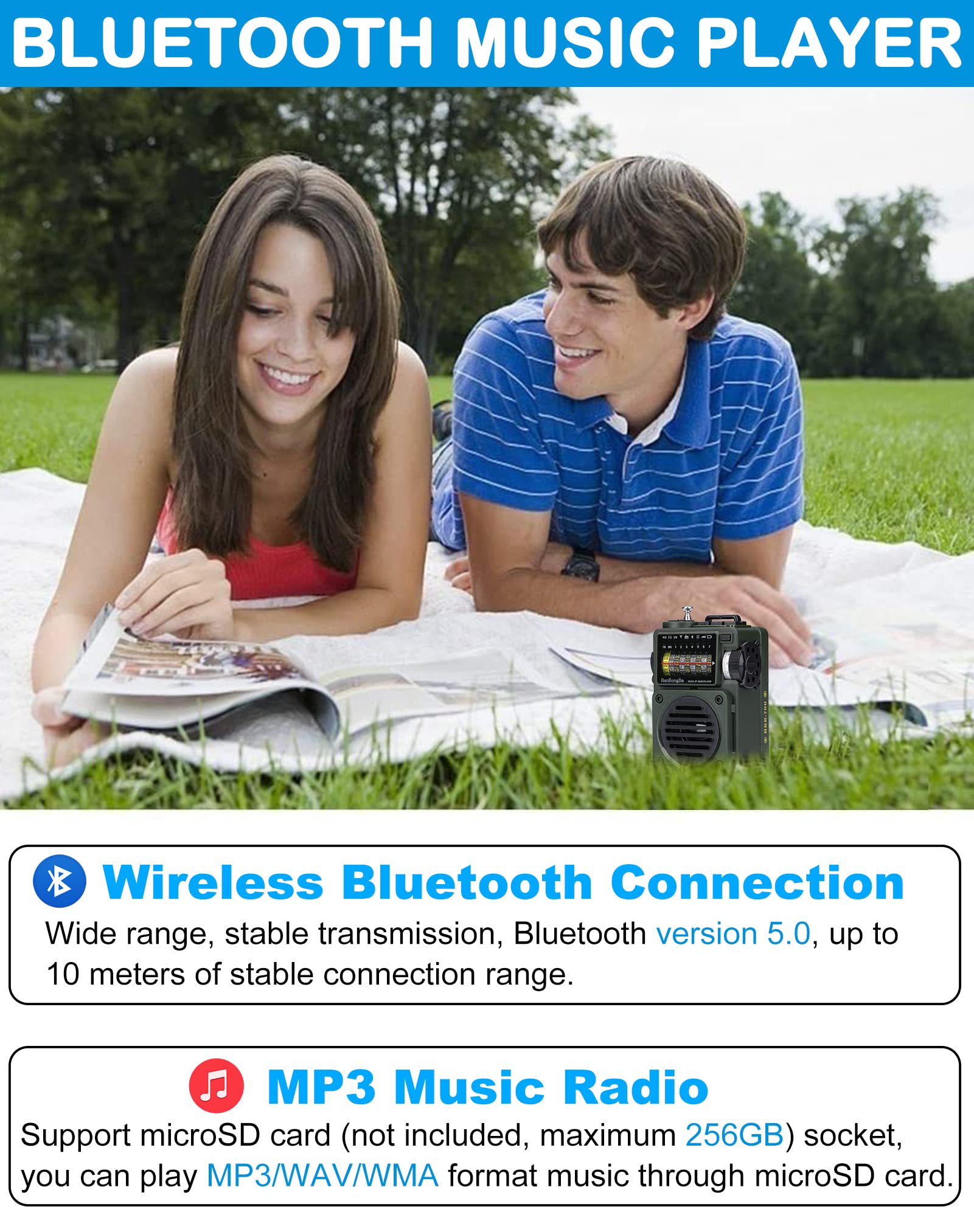 Shortwave Radio, Hanrongda Bluetooth Speaker Support Microsd, Fm Mw Wb Sw Receiver With Noaa Alerts And Sleep Timer, Rechargeabl