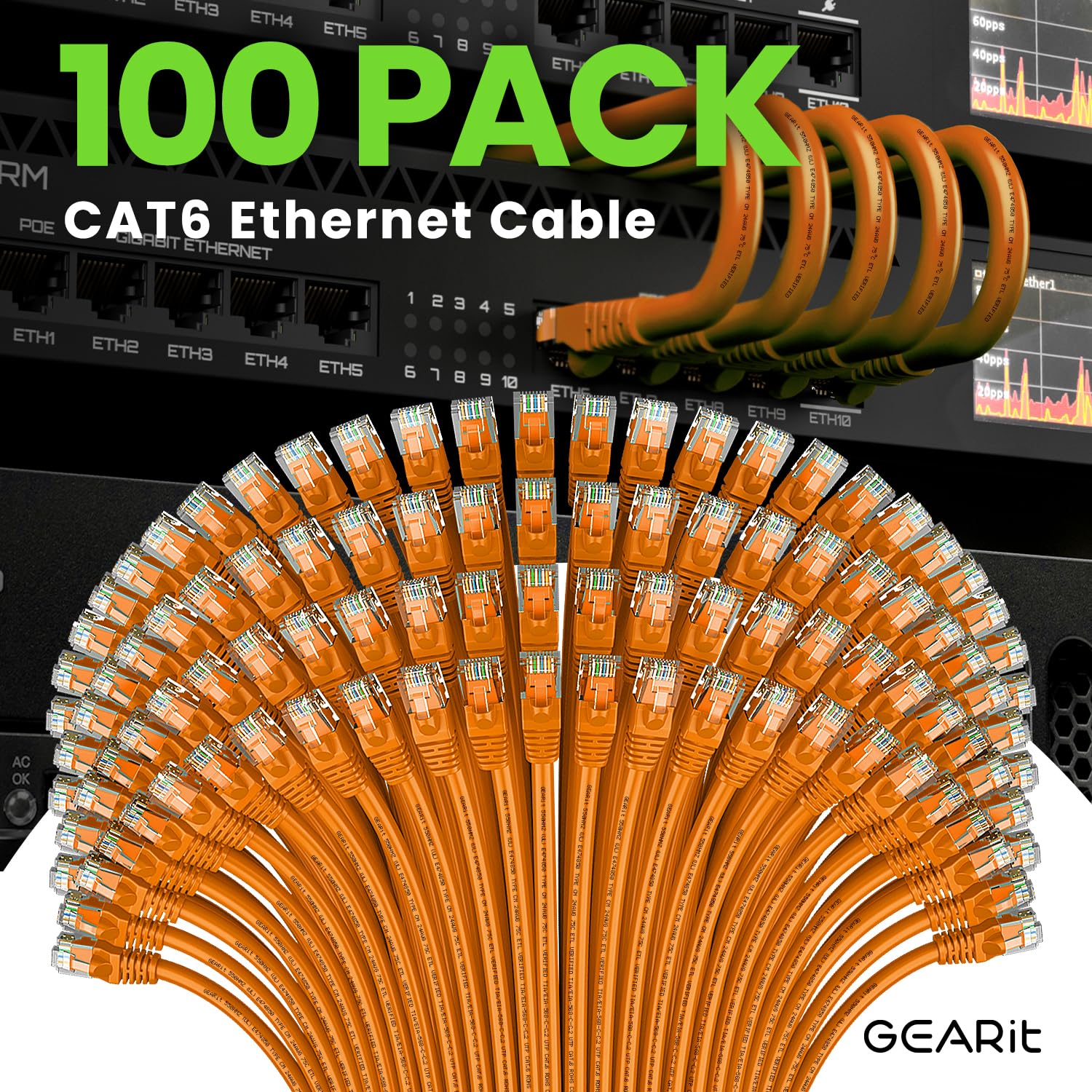 Gearit 100 Pack, Cat 6 Ethernet Cable Cat6 Snagless Patch 1 Foot   Snagless Rj45 Computer Lan Network Cord, Orange   Compatible