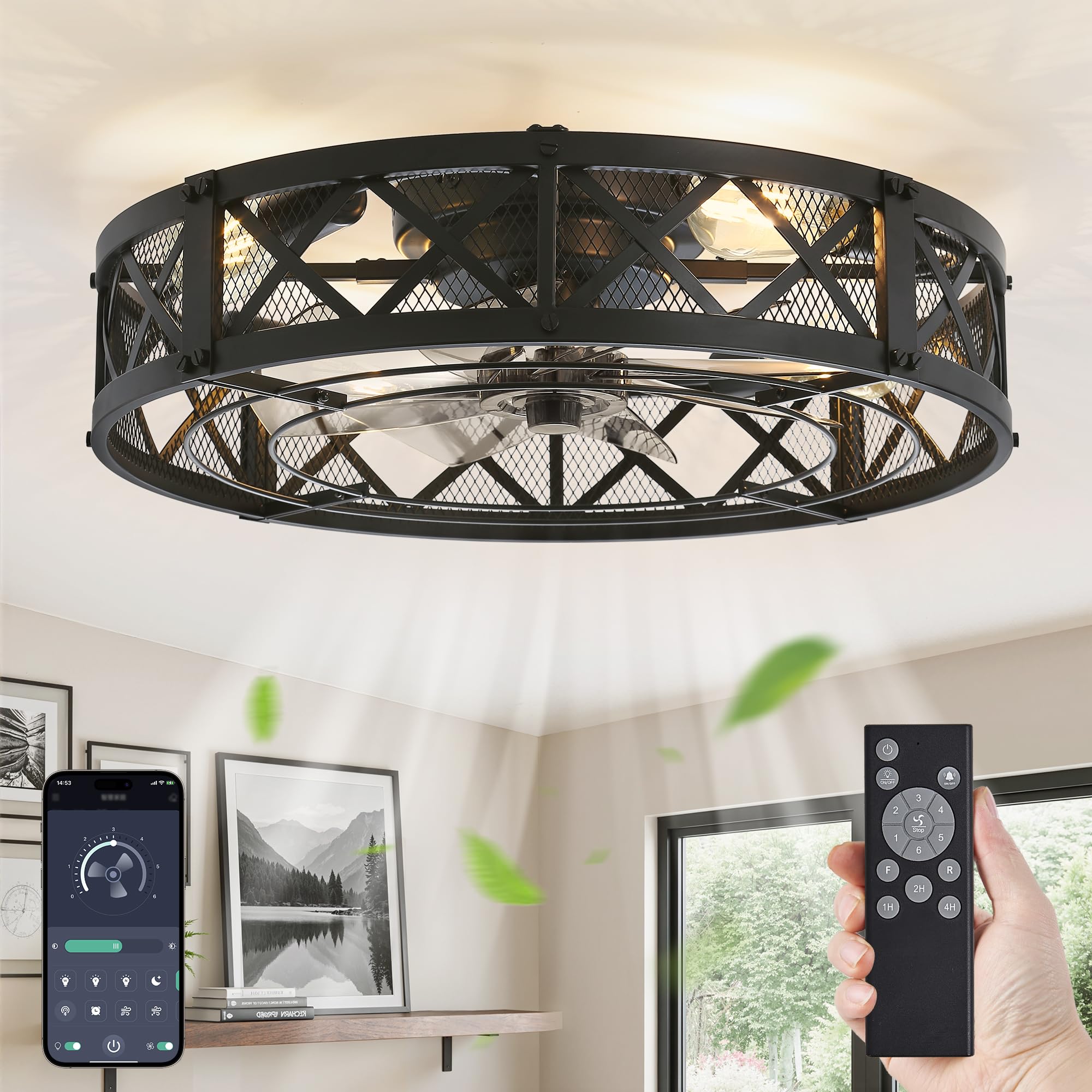 LEDIARY 23 Caged Ceiling Fan with Light, APP&Remote Control, Large Flush Mount Modern Fan Lights, Low Profile Rustic Bladeless C