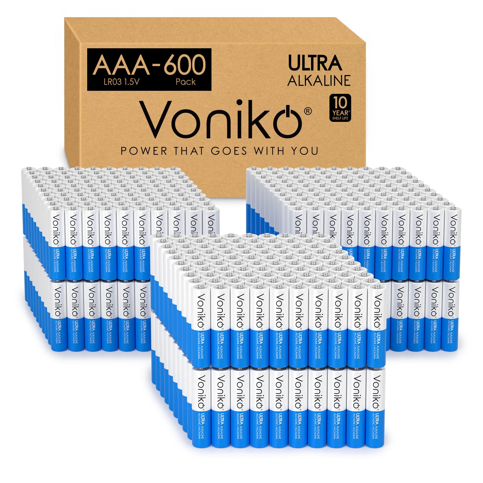 Voniko - Premium Grade AAA Batteries -600 Pack - Alkaline Triple A Battery - Ultra Long-Lasting, Leakproof 1.5v Batteries - 10-Y