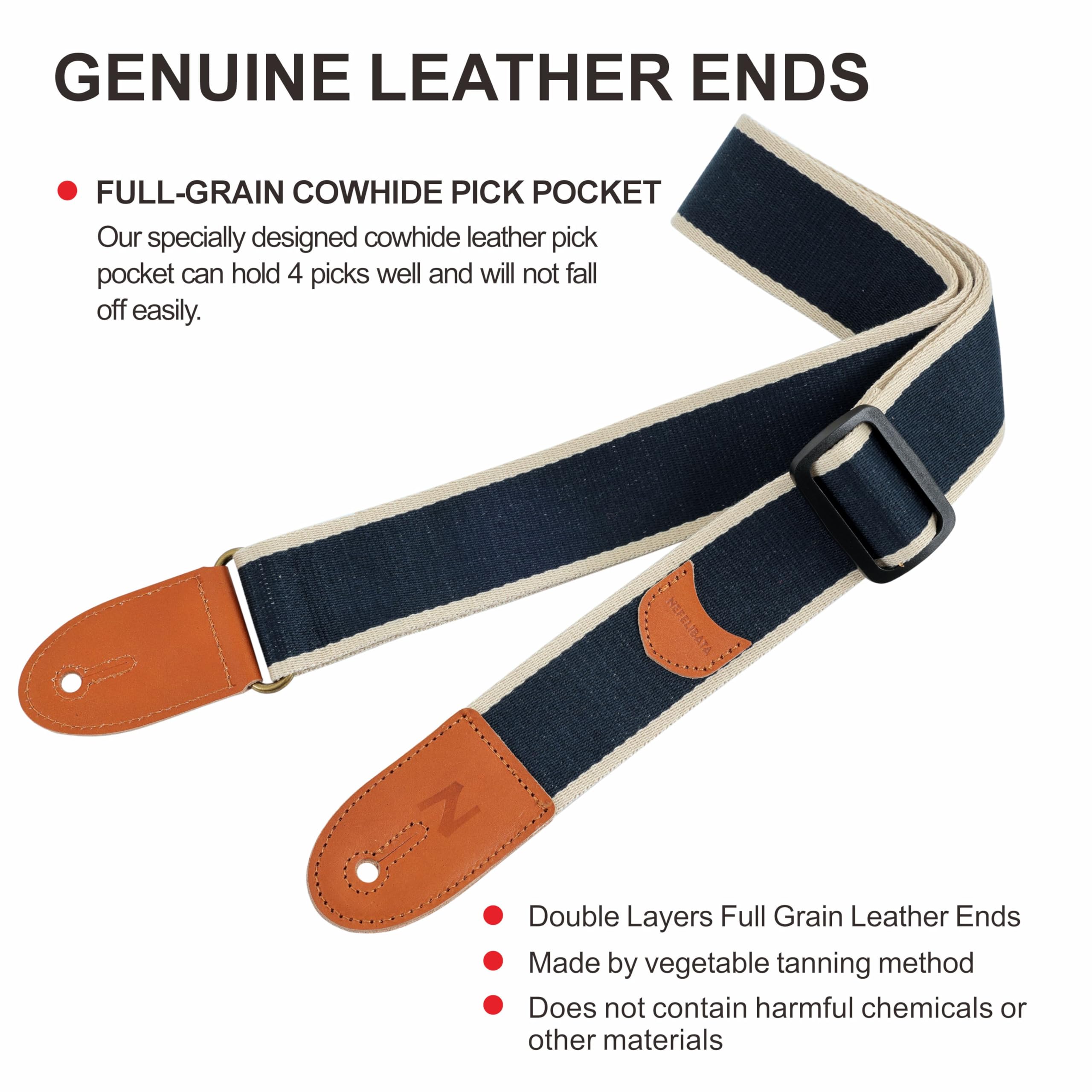 Nefelibata Guitar Strap, Cotton Full Grain Leather Ends Guitar Straps With Pick Pocket For Bass, Electric & Acoustic Guitar, Com